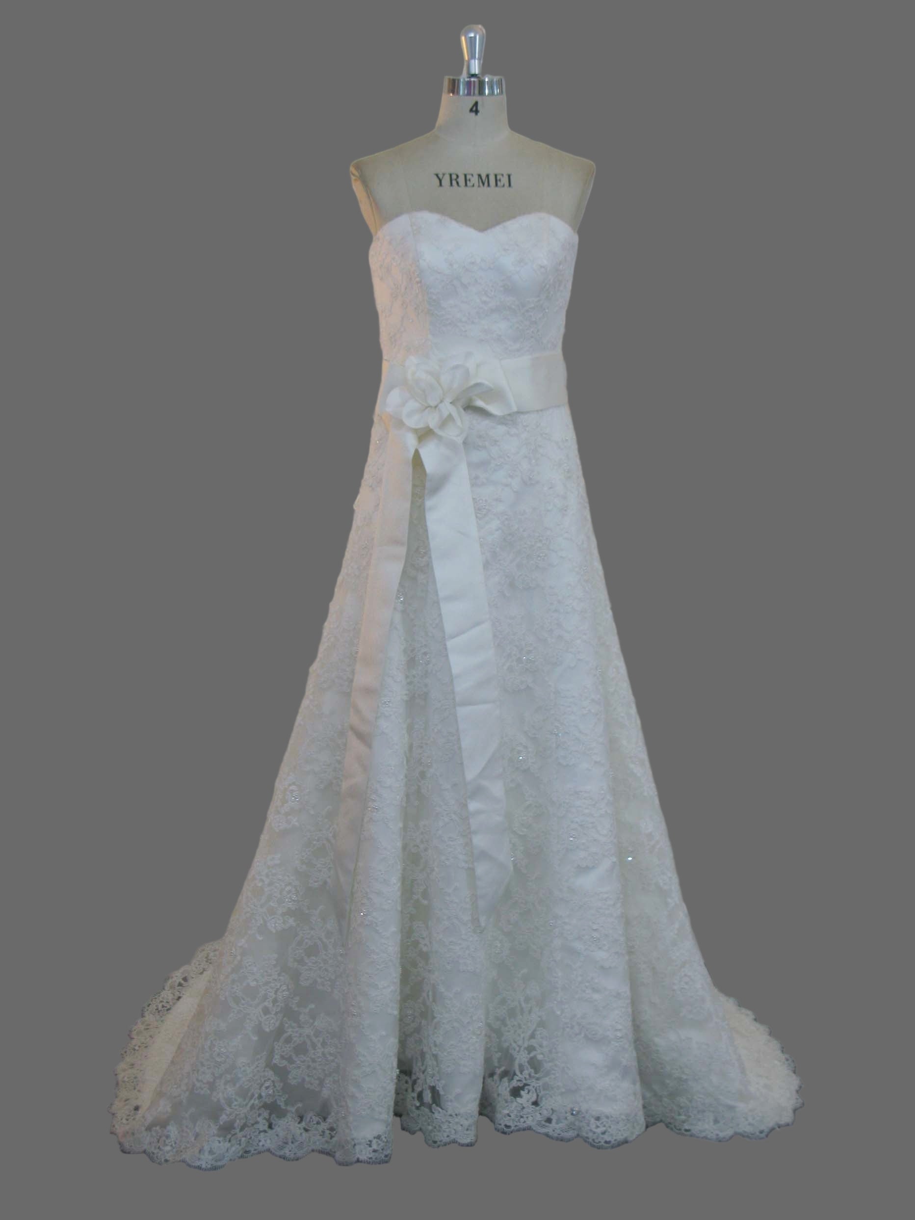 Strapless Lace Wedding Dress with Bow Sash - A-Line Bridal Gown Cathedral Train