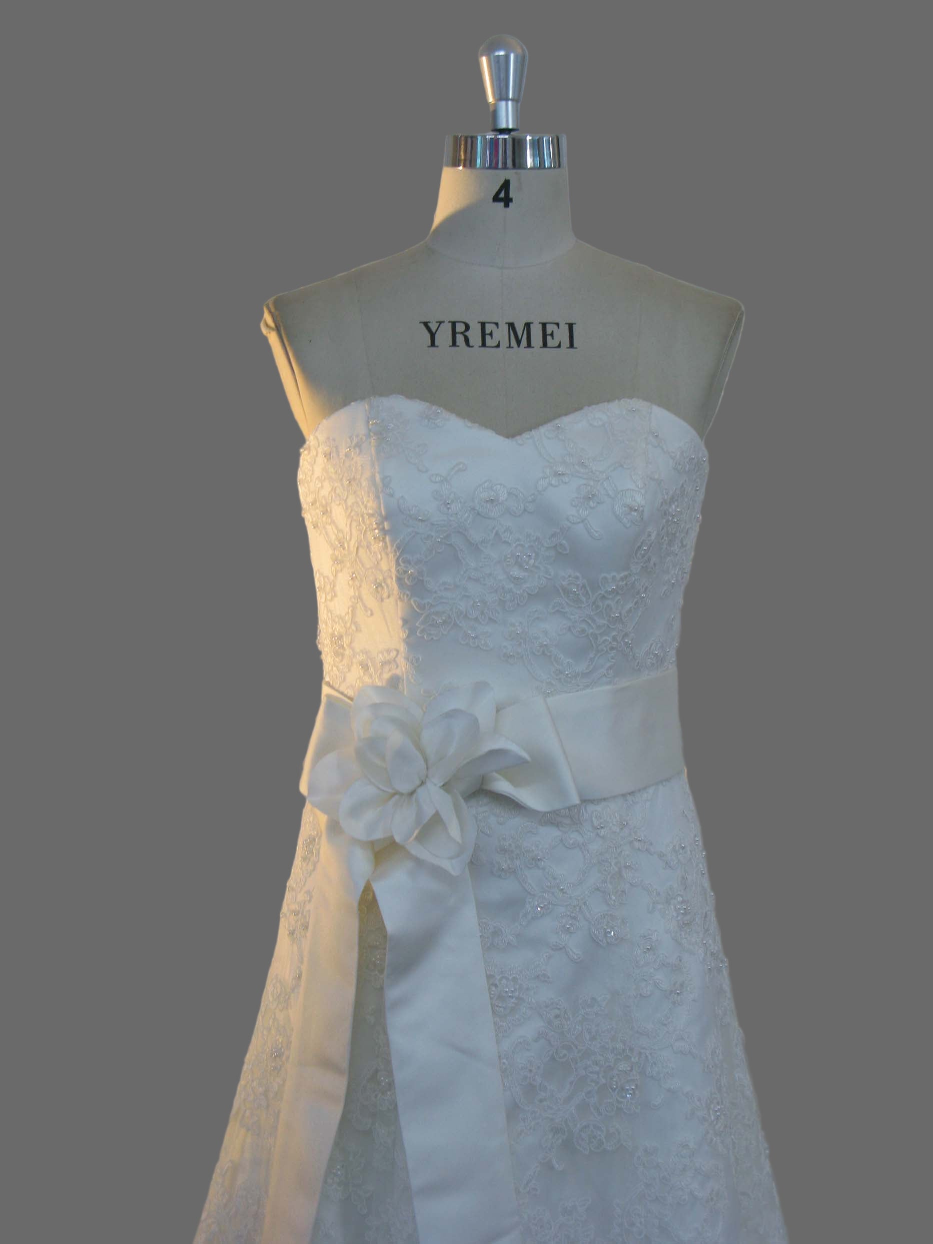 Strapless Lace Wedding Dress with Bow Sash - A-Line Bridal Gown Cathedral Train