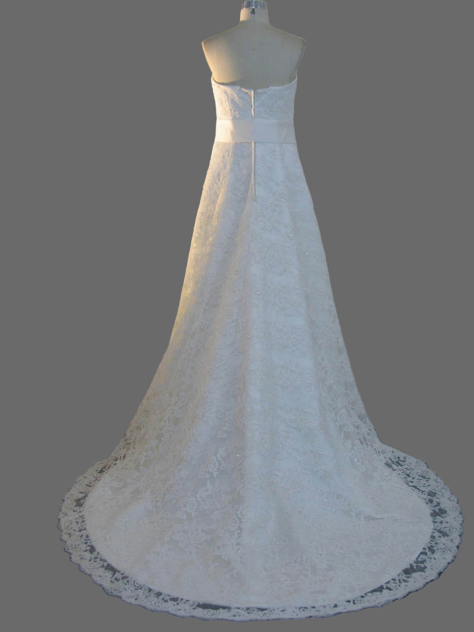 Strapless Lace Wedding Dress with Bow Sash - A-Line Bridal Gown Cathedral Train