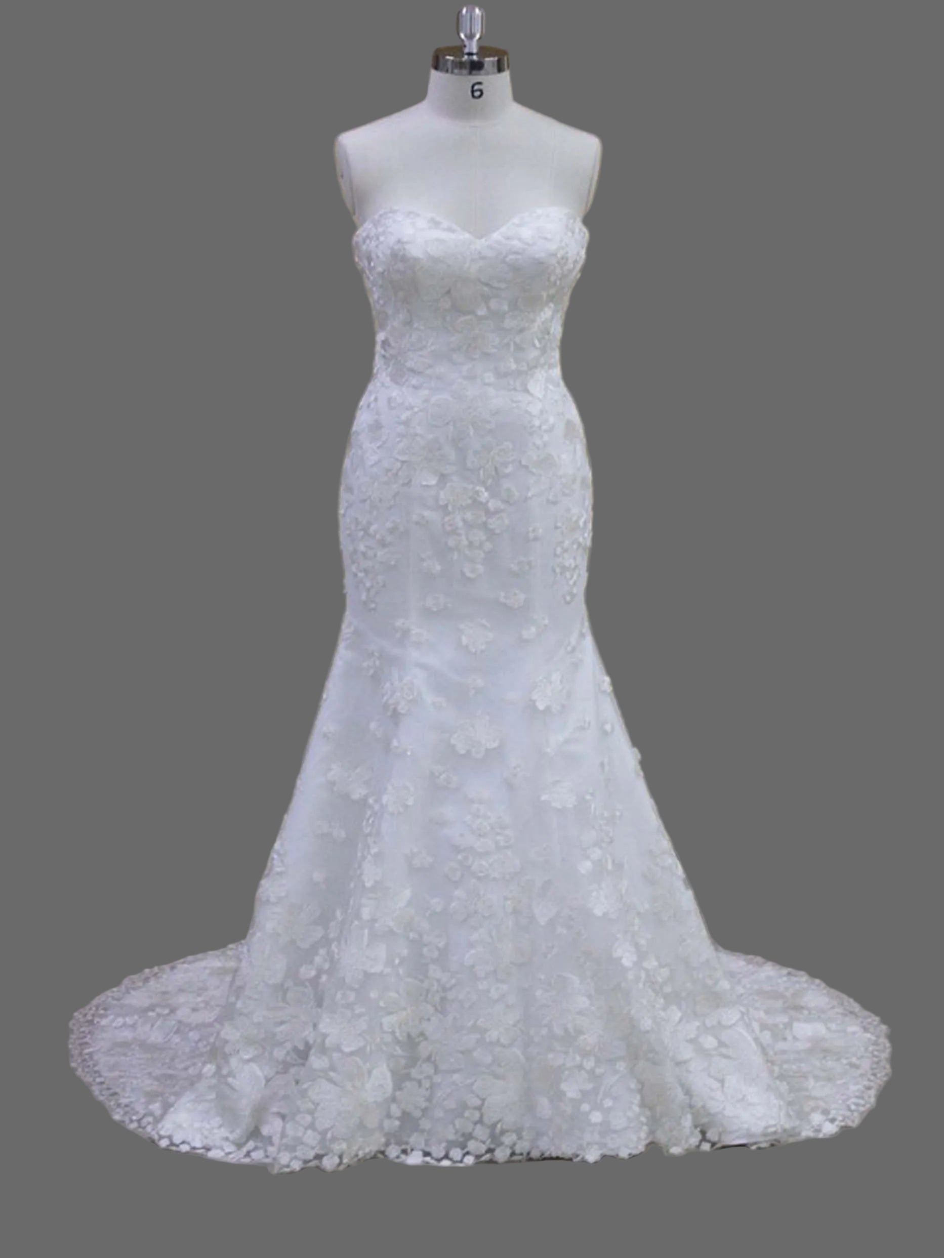 Strapless Mermaid Wedding Dress with 3D Floral Lace Appliqués & Cathedral Train