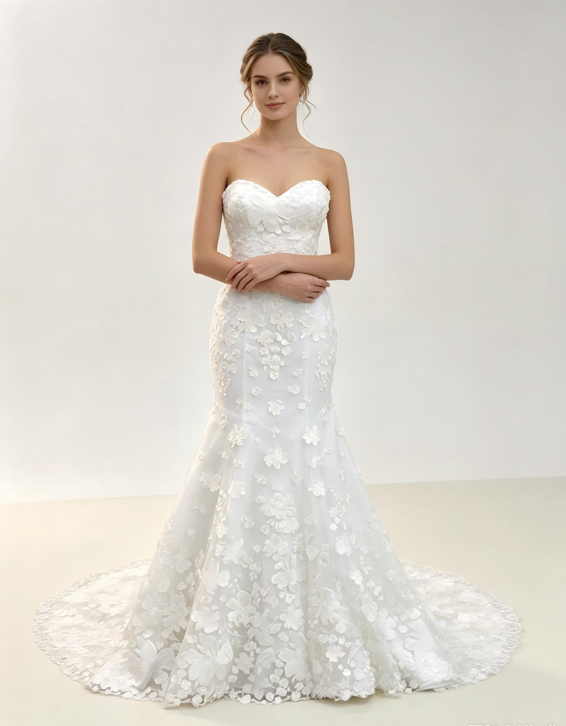 Strapless Mermaid Wedding Dress with 3D Floral Lace Appliqués & Cathedral Train
