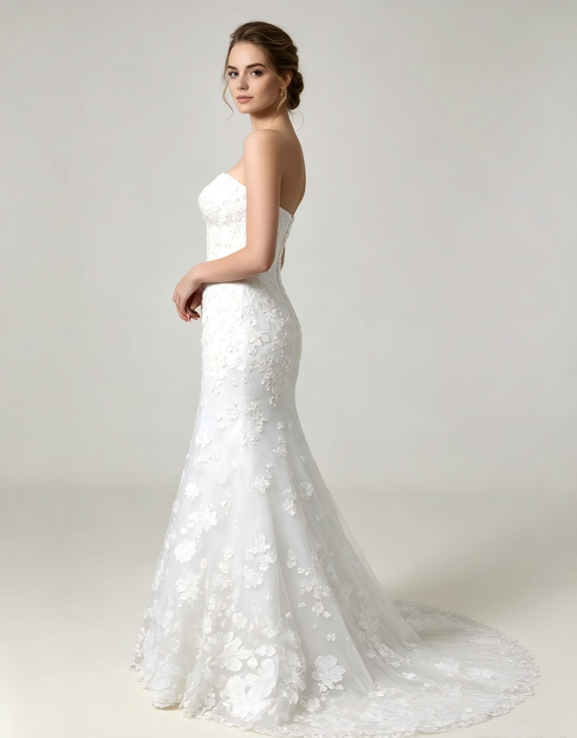 Strapless Mermaid Wedding Dress with 3D Floral Lace Appliqués & Cathedral Train