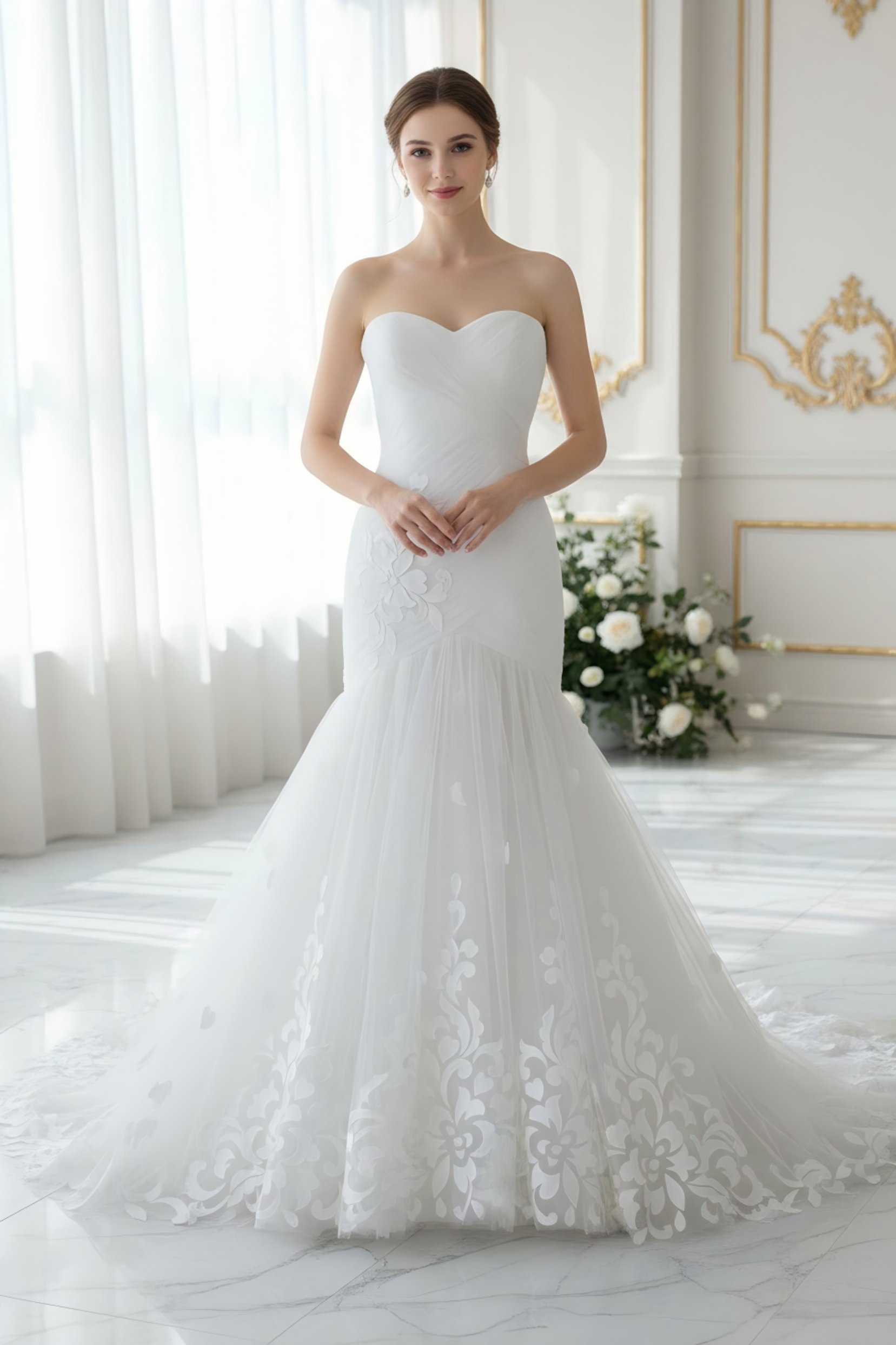 Strapless Mermaid Wedding Dress with 3D Petal Appliqués & Chapel Train - Elegant Bridal Gown