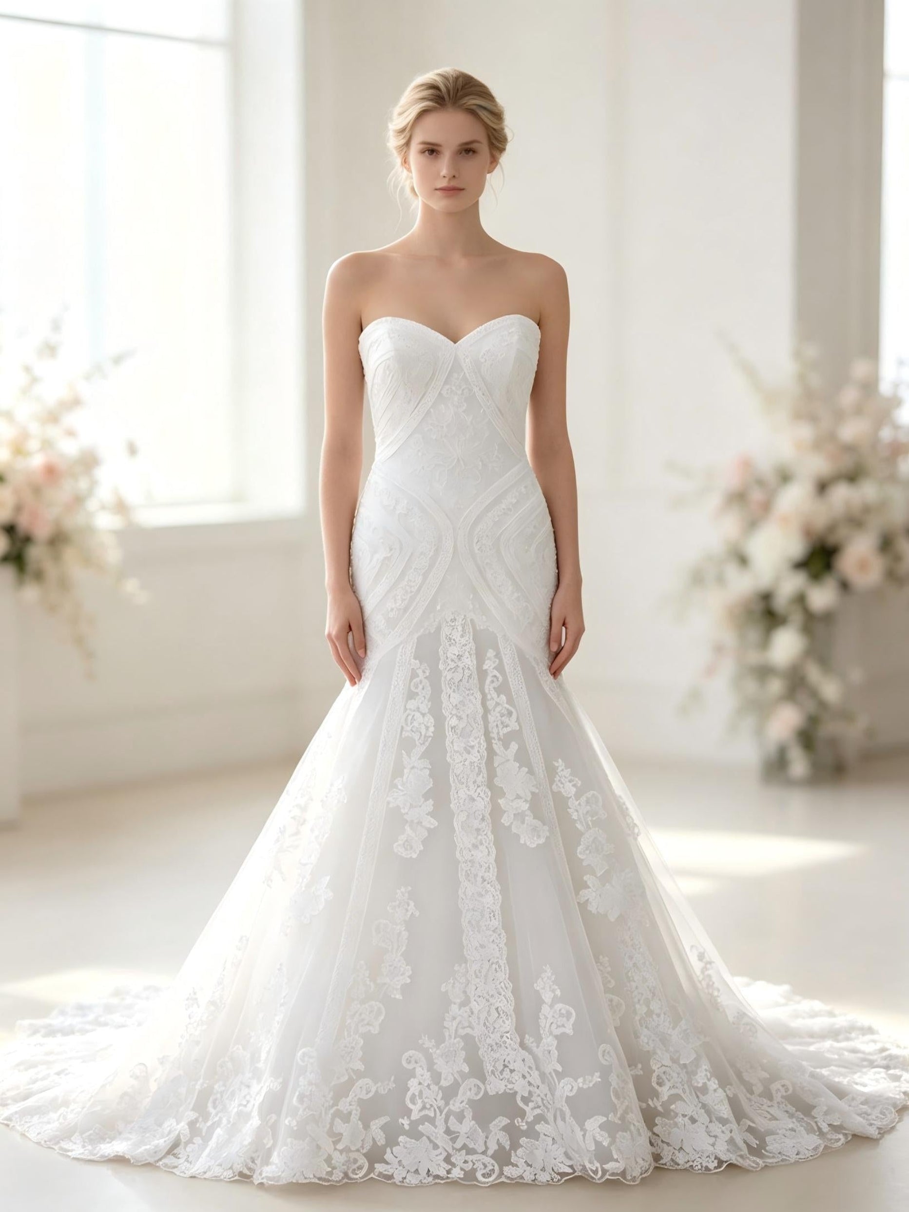 Strapless Mermaid Wedding Dress with Floral Lace Appliqués & Cathedral Train - Romantic Bridal Gown