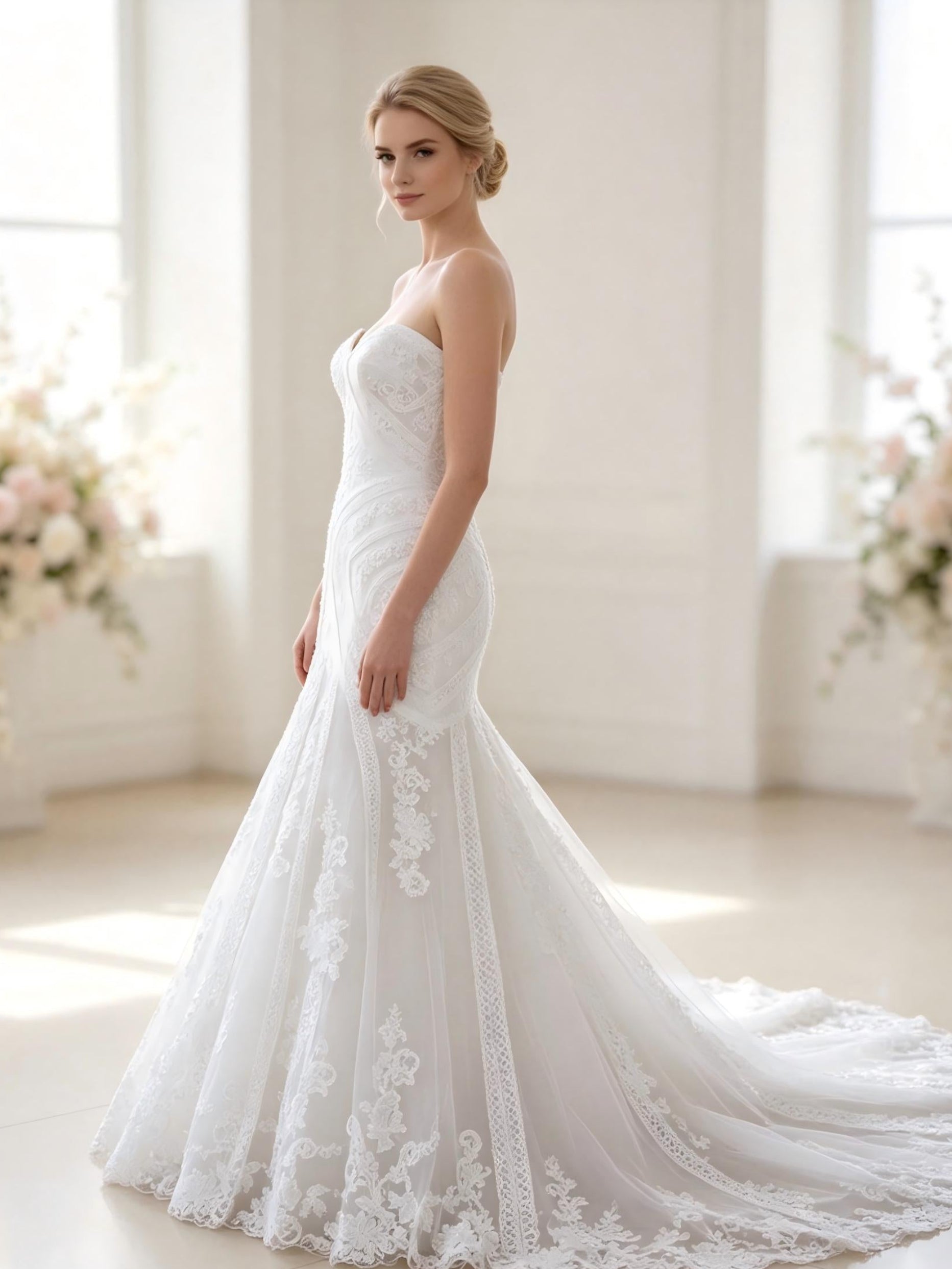 Strapless Mermaid Wedding Dress with Floral Lace Appliqués & Cathedral Train - Romantic Bridal Gown