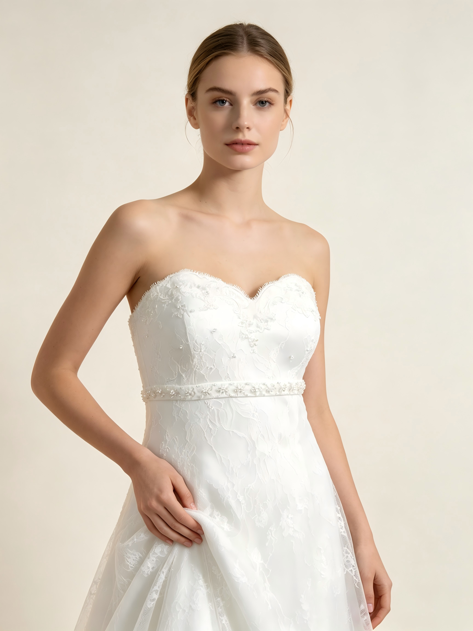 Strapless Sweetheart A-Line Wedding Dress with Lace Trim Cathedral Train - Classic Bridal Gown
