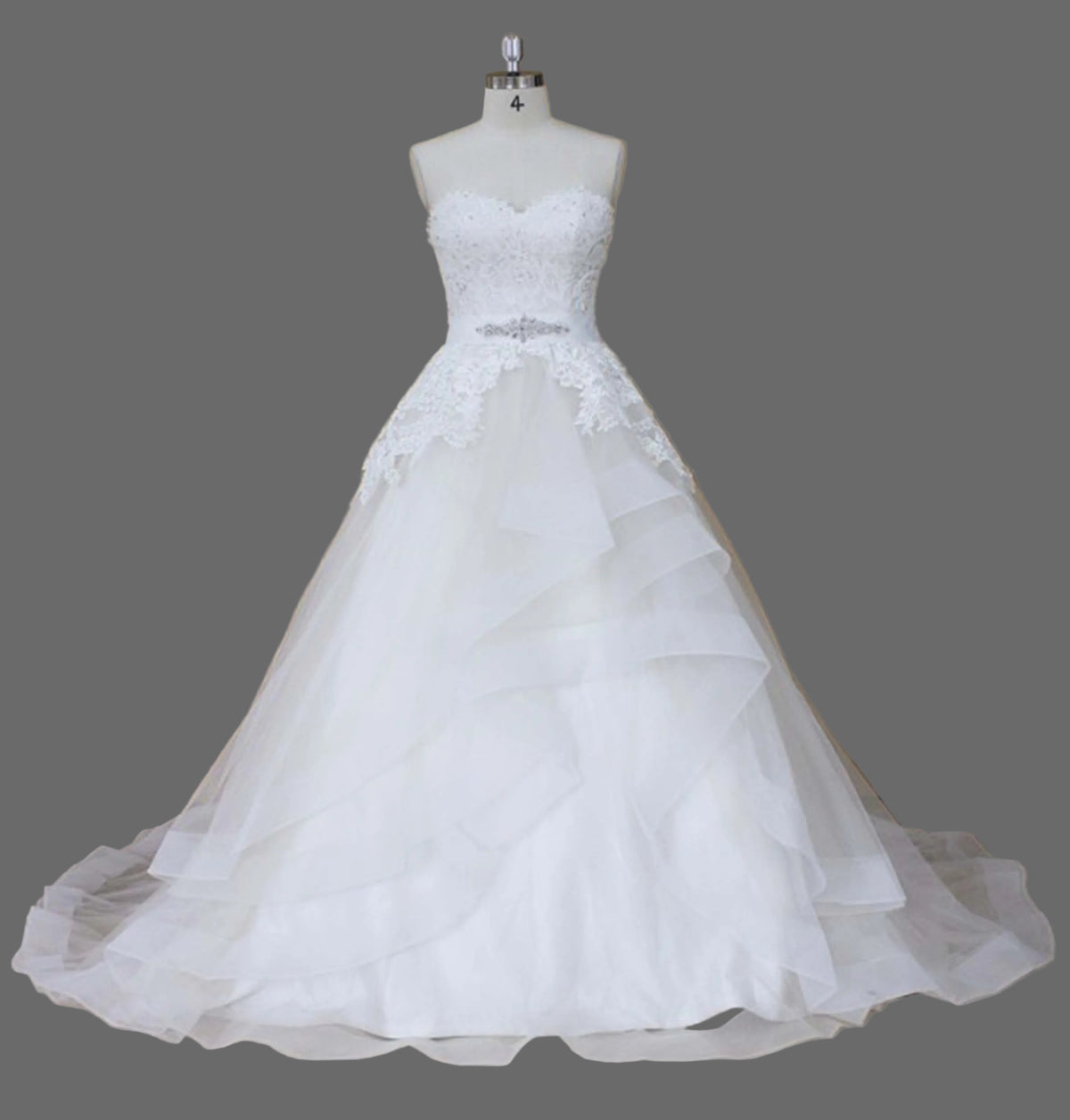 Strapless Sweetheart Beaded Lace Peplum Ball Gown Wedding Dress | Crystal Belt & Tiered Ruffle Skirt OneWedDress Strapless Sweetheart Beaded Lace Peplum Ball Gown Wedding Dress | Crystal Belt & Tiered Ruffle Skirt OneWedDress