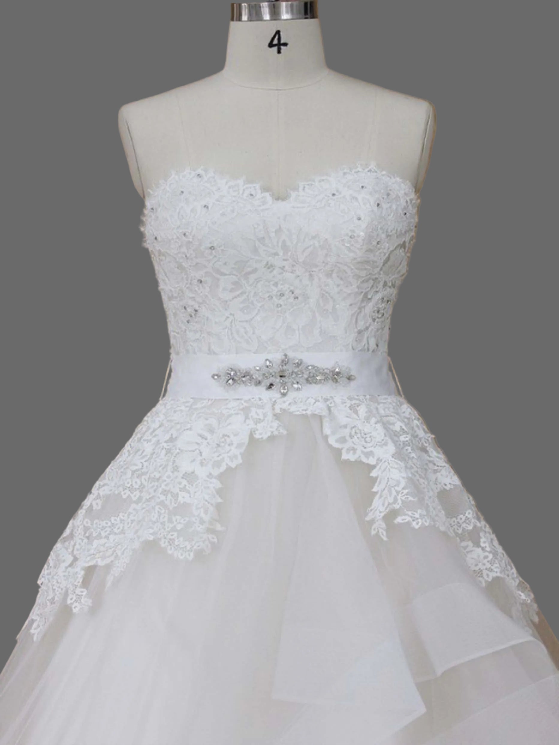 Strapless Sweetheart Beaded Lace Peplum Ball Gown Wedding Dress with Tiered Ruffle Skirt and Crystal Belt