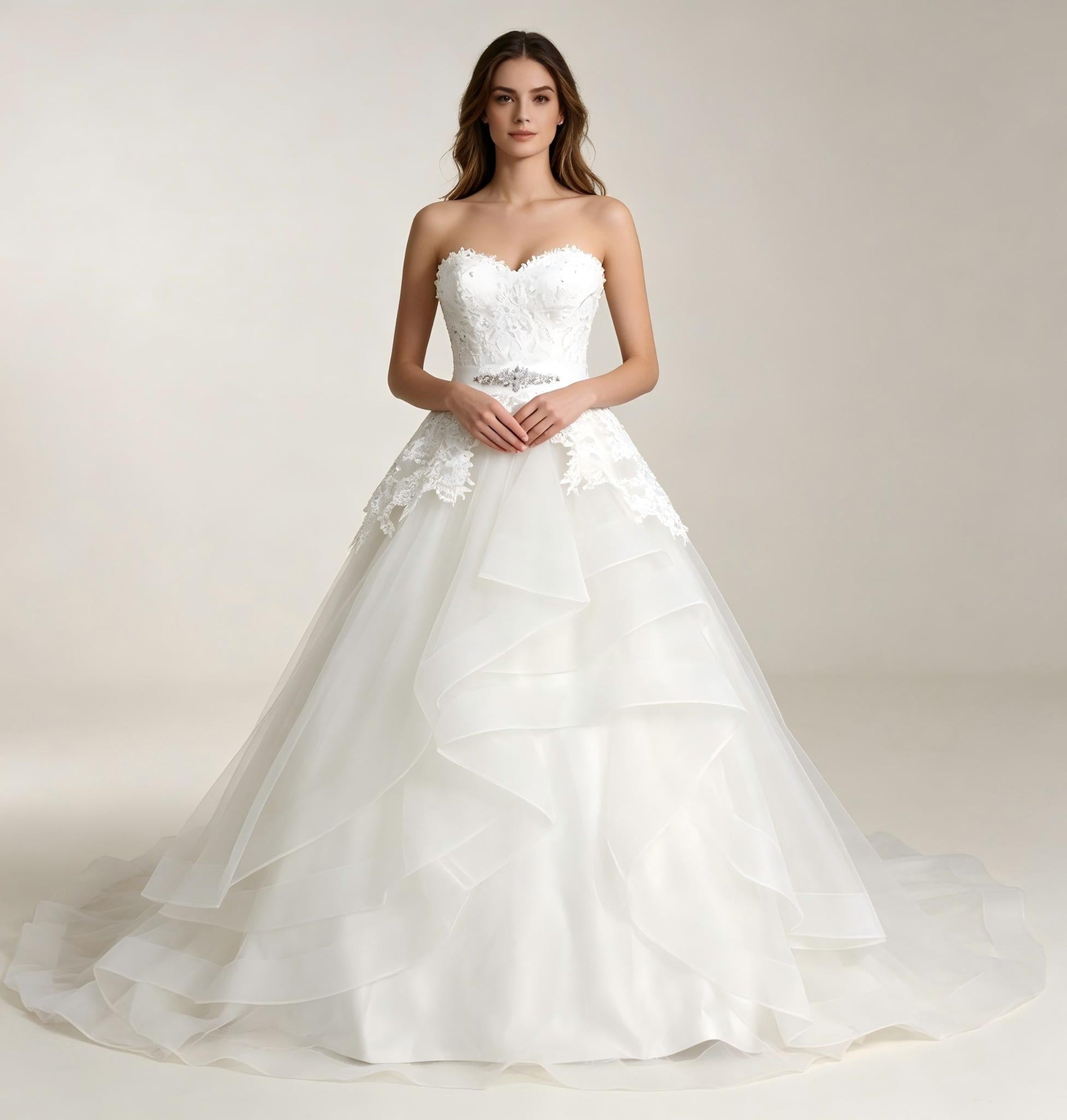 Strapless Sweetheart Beaded Lace Peplum Ball Gown Wedding Dress with Tiered Ruffle Skirt and Crystal Belt