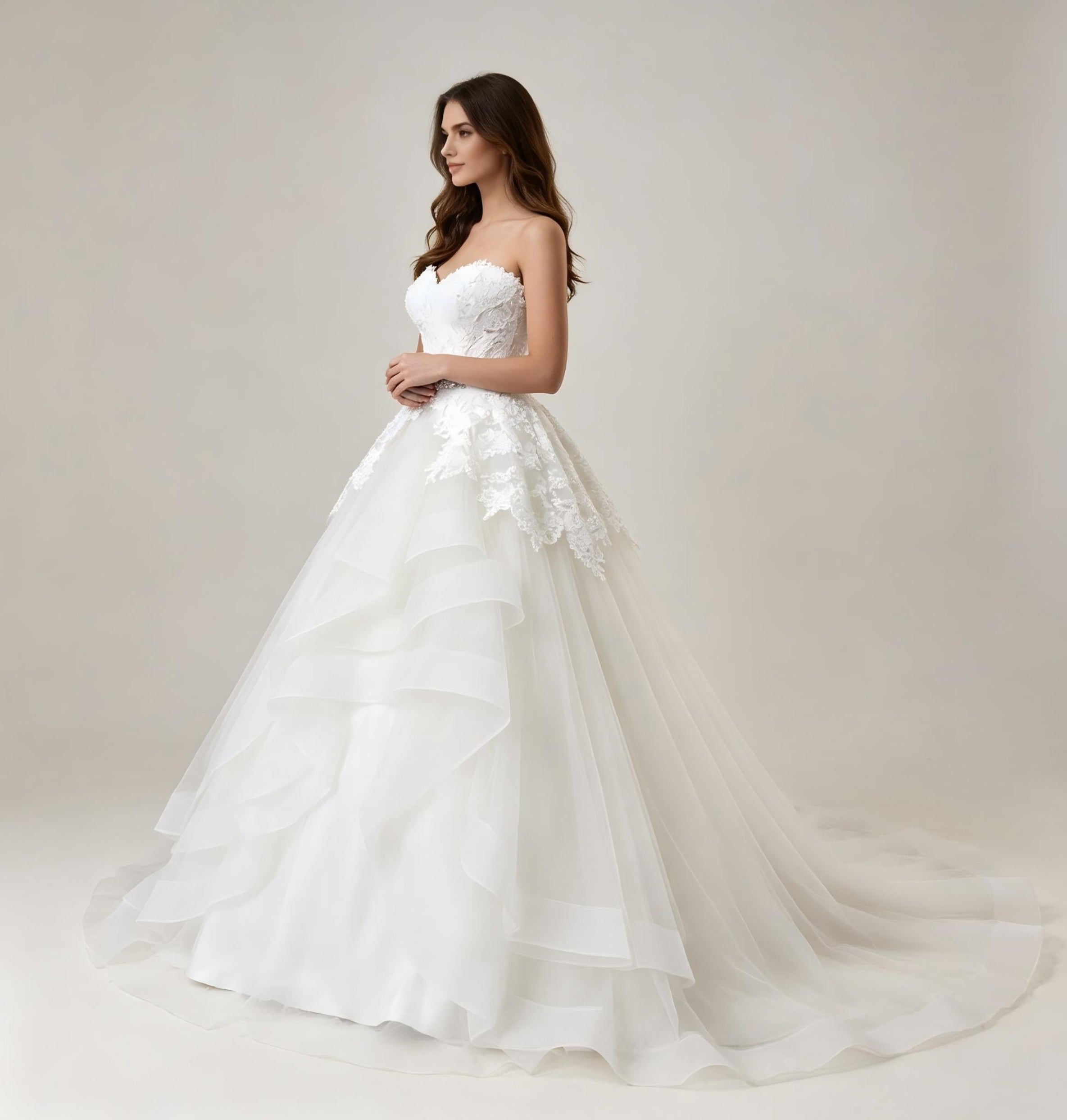 Strapless Sweetheart Beaded Lace Peplum Ball Gown Wedding Dress with Tiered Ruffle Skirt and Crystal Belt