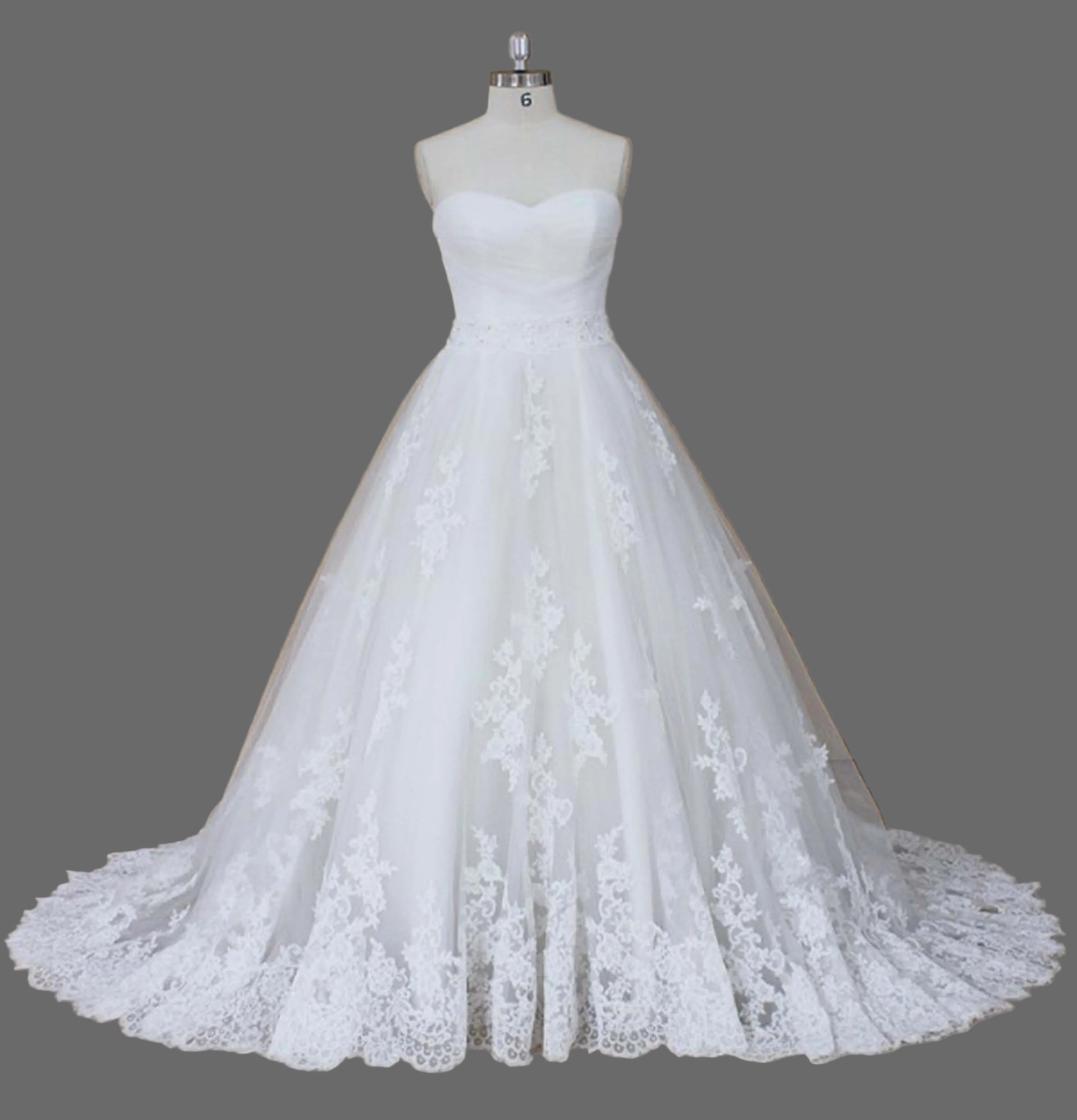 Strapless Sweetheart Lace Applique Ball Gown Wedding Dress with Beaded Belt and Cathedral Train