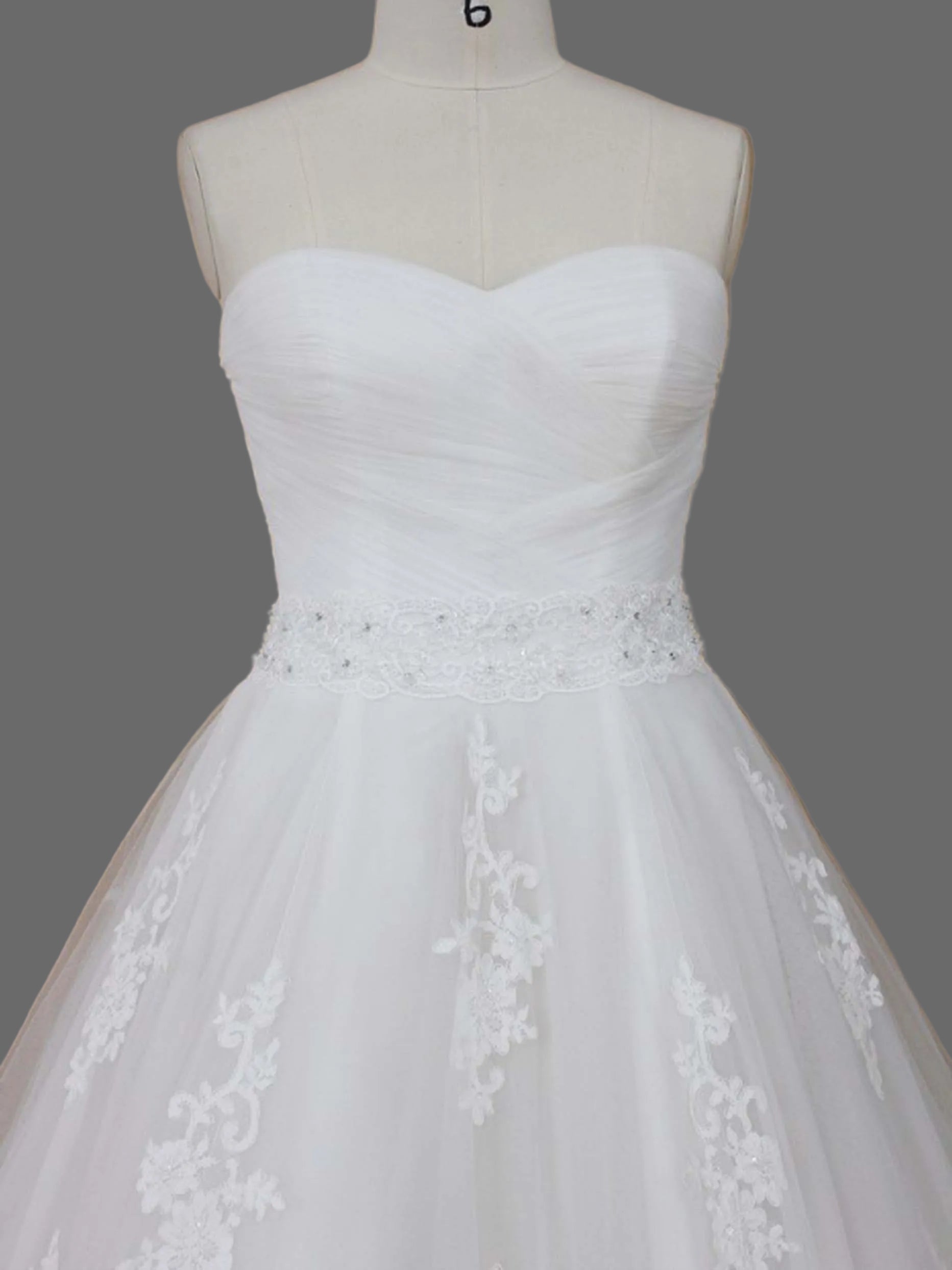 Strapless Sweetheart Lace Applique Ball Gown Wedding Dress with Beaded Belt and Cathedral Train