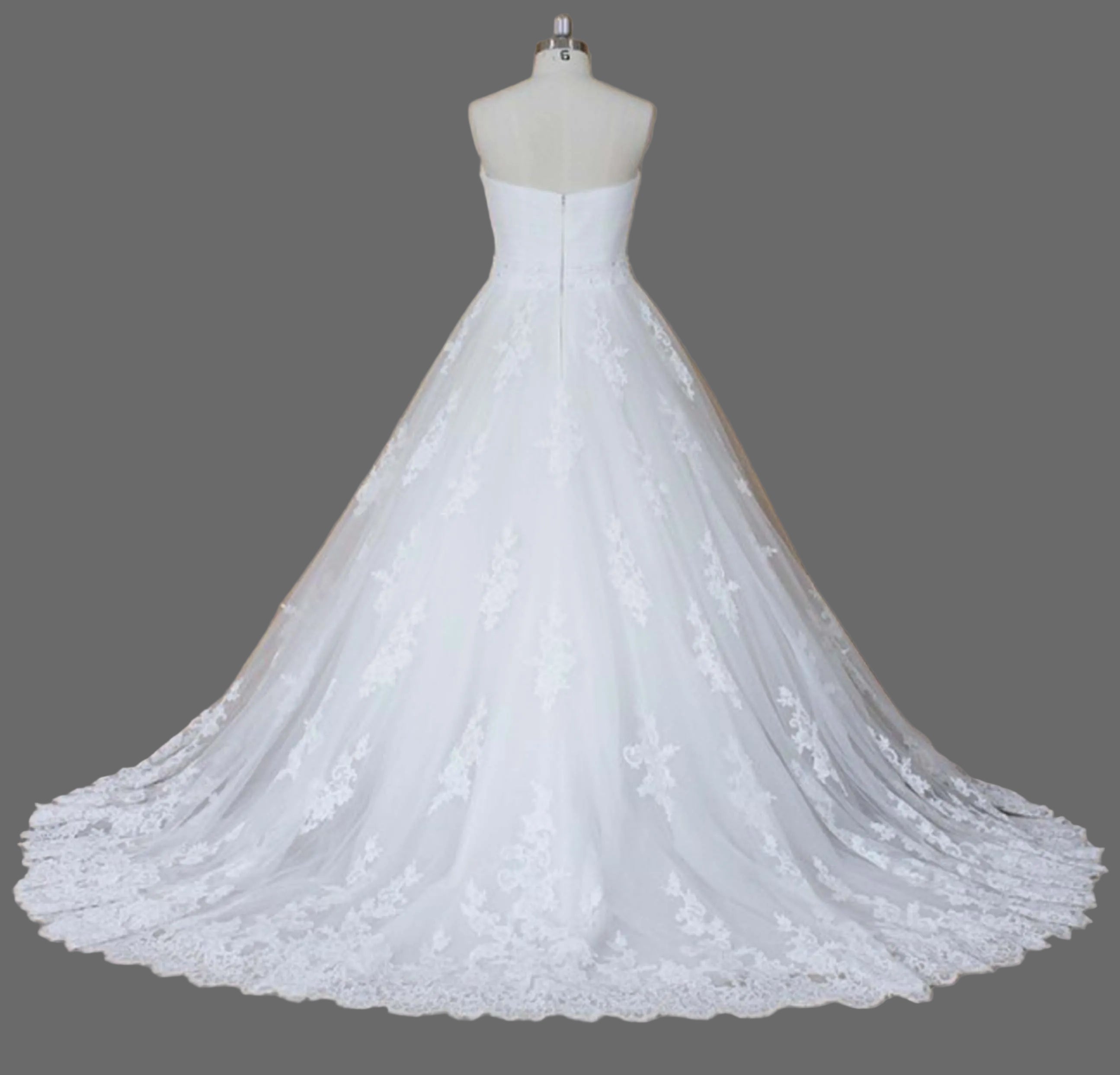 Strapless Sweetheart Lace Applique Ball Gown Wedding Dress with Beaded Belt and Cathedral Train