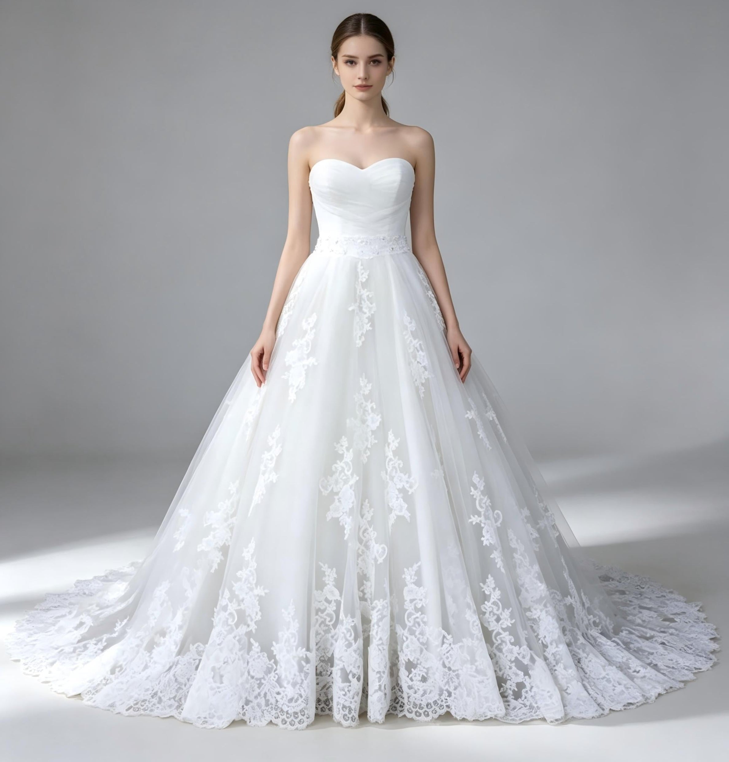 Strapless Sweetheart Lace Applique Ball Gown Wedding Dress with Beaded Belt and Cathedral Train
