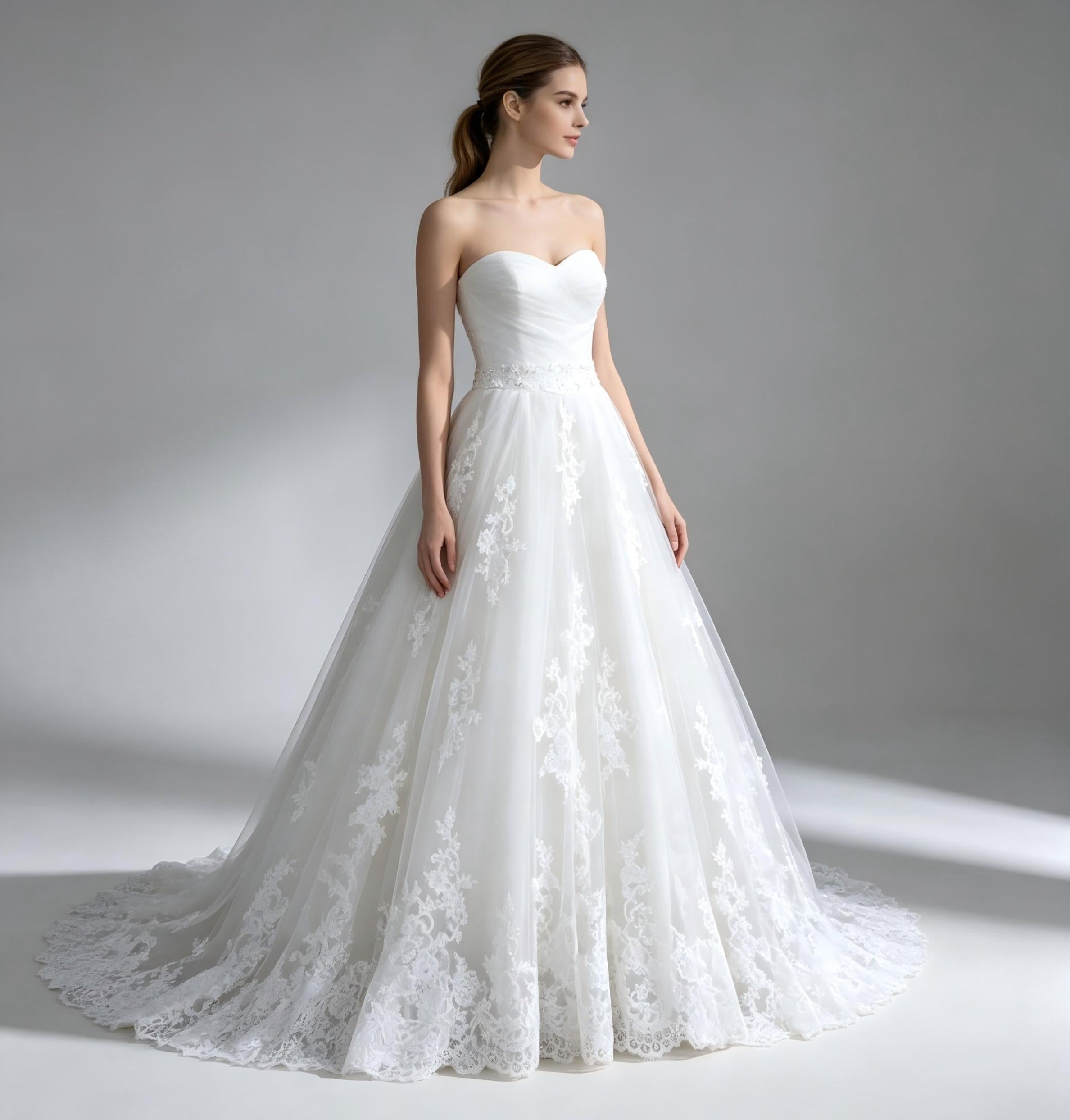 Strapless Sweetheart Lace Applique Ball Gown Wedding Dress with Beaded Belt and Cathedral Train