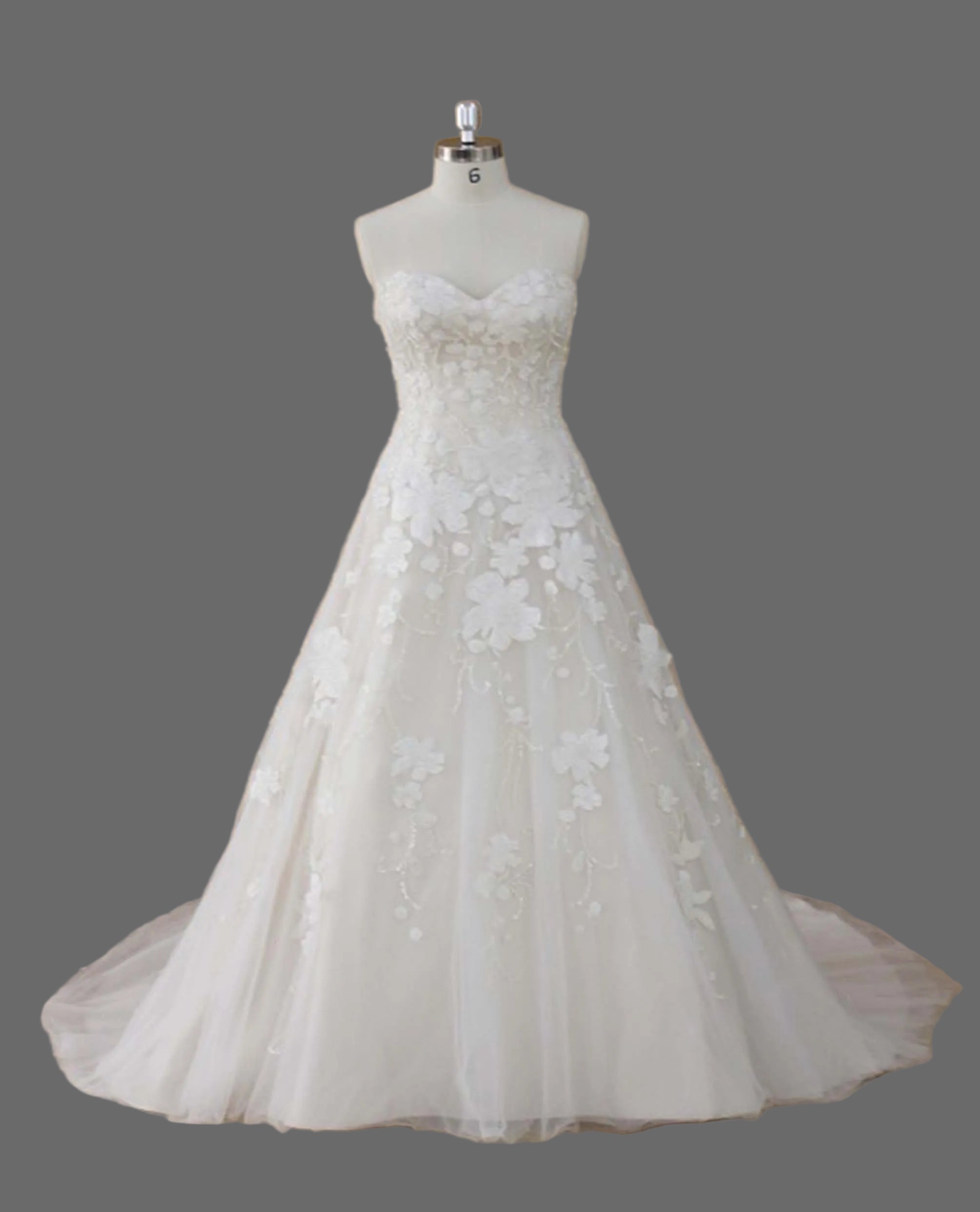 Strapless Sweetheart A-Line Wedding Dress with 3D Floral Lace Appliqués | Ivory Tulle Bridal Gown with Train