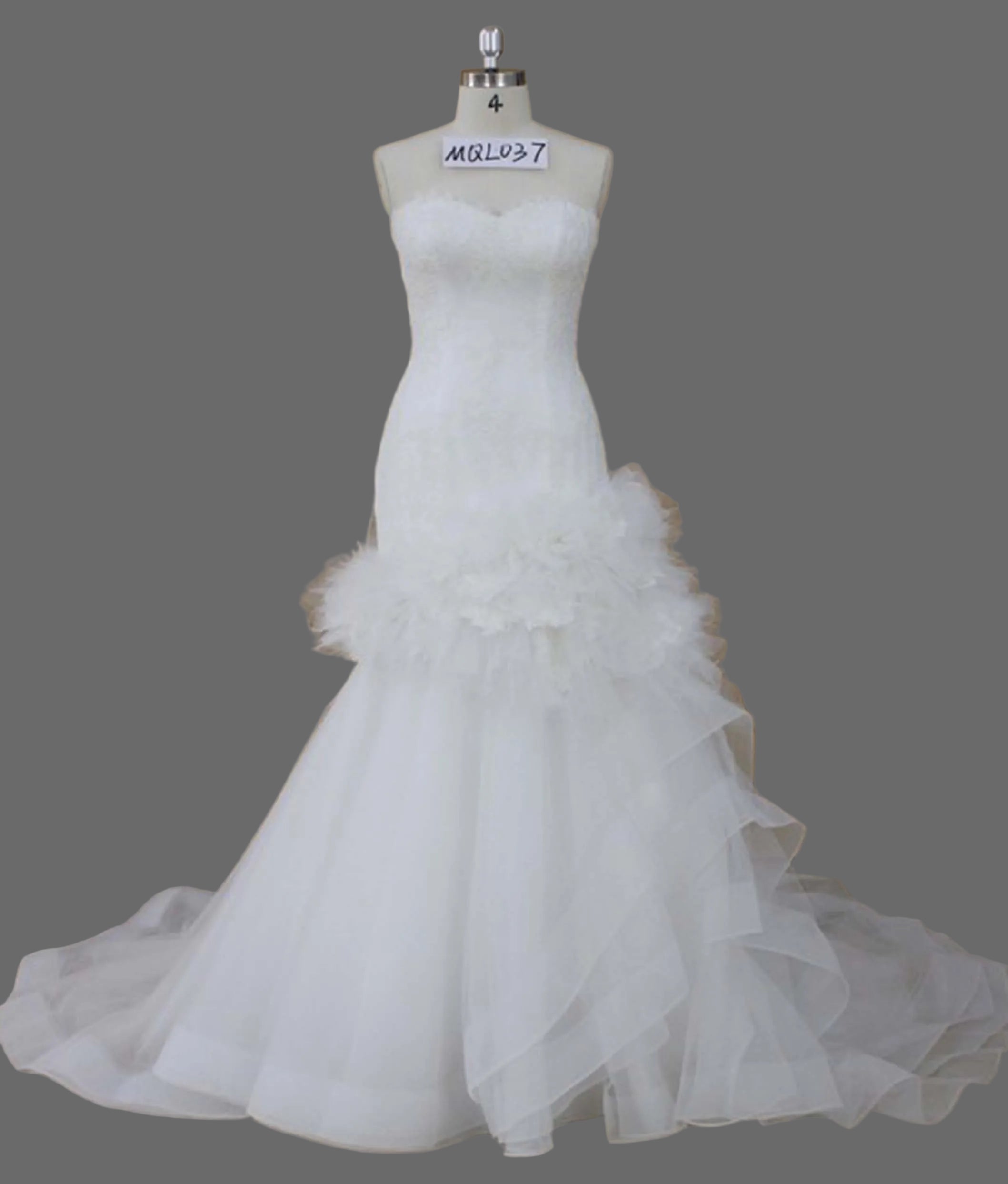 Strapless Sweetheart Mermaid Wedding Dress with Cascading Organza Ruffles | Ivory Bridal Gown with Cathedral Train