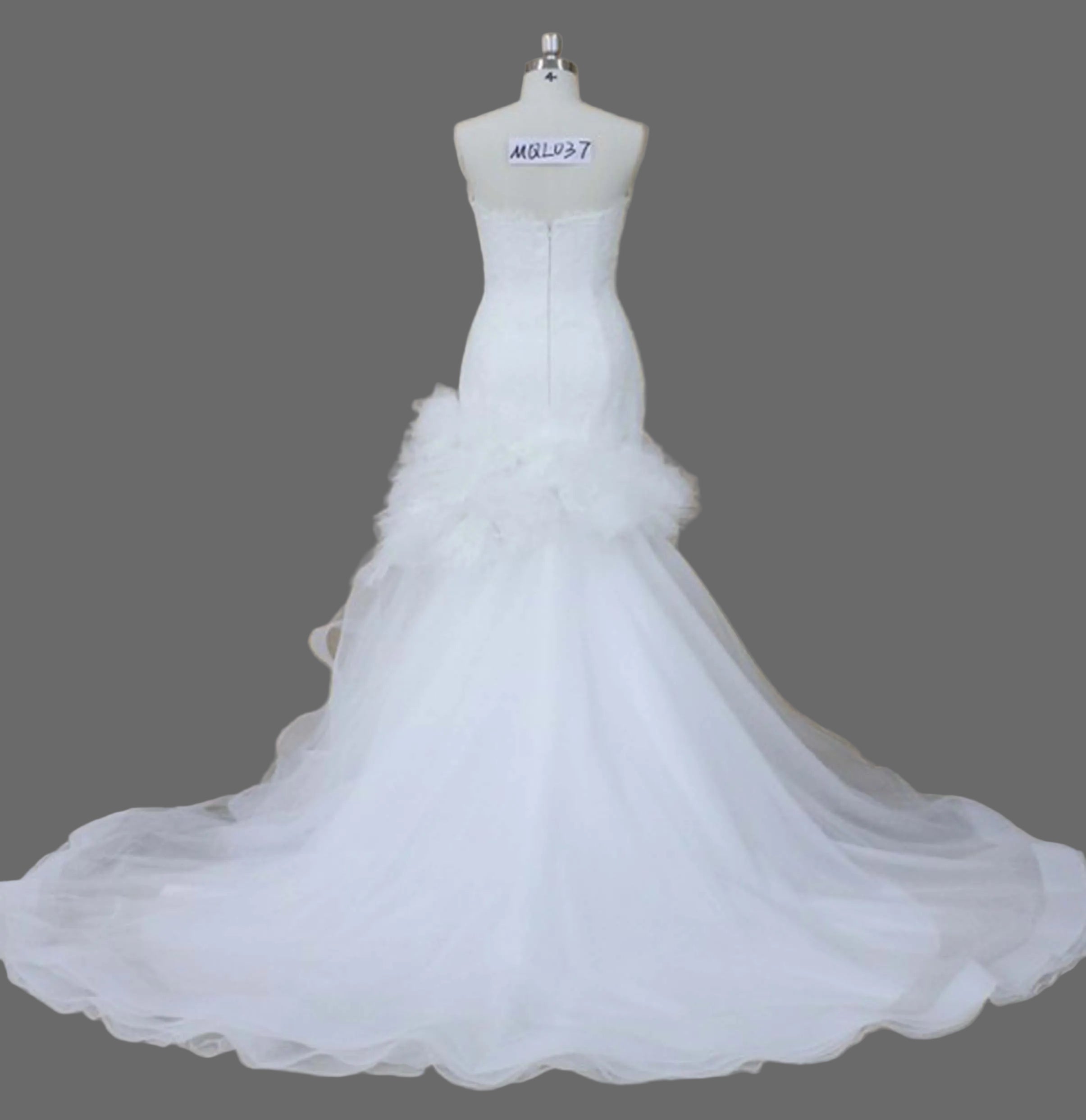 Strapless Sweetheart Mermaid Wedding Dress with Cascading Organza Ruffles | Ivory Bridal Gown with Cathedral Train