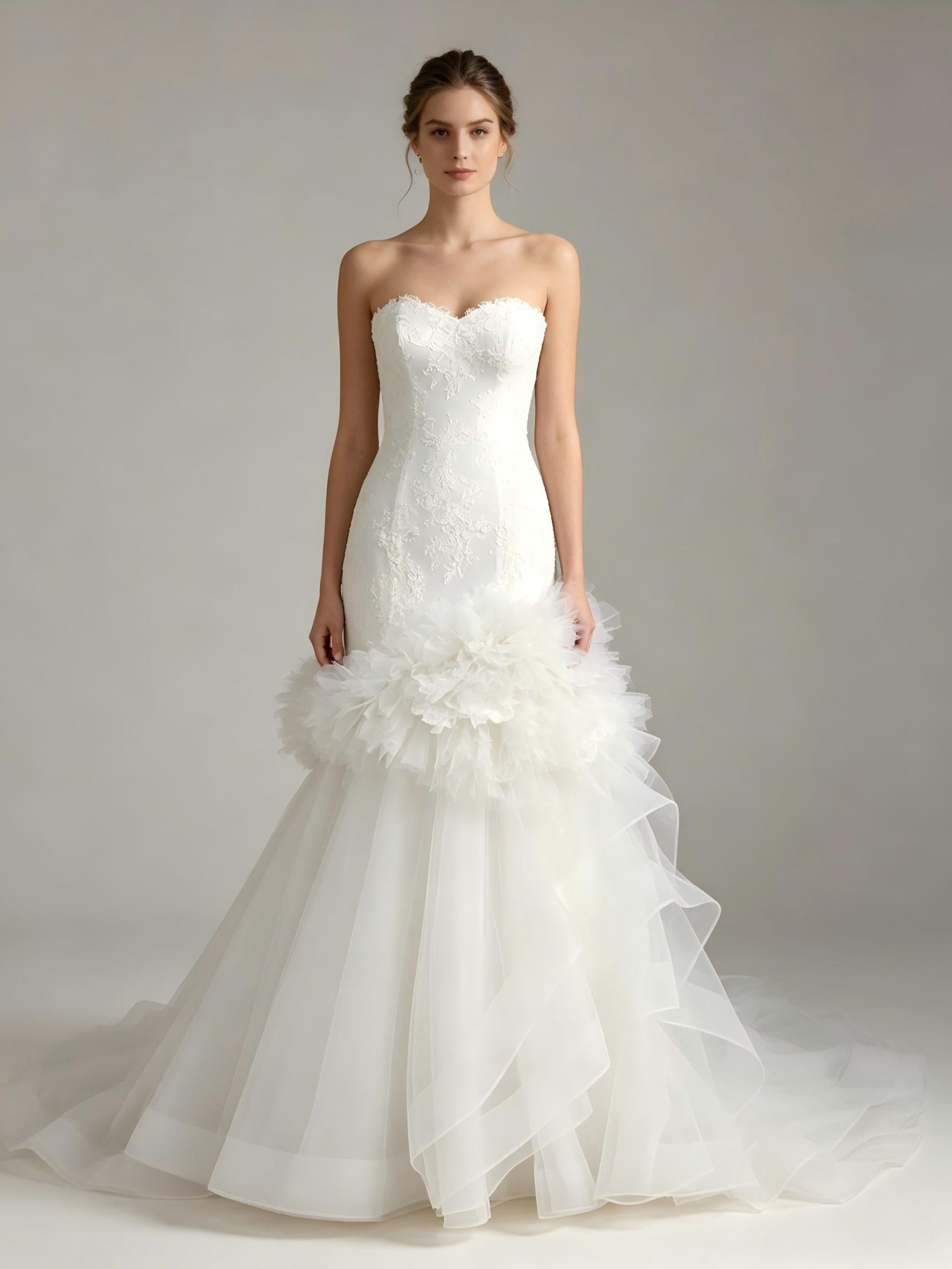 Strapless Sweetheart Mermaid Wedding Dress with Cascading Organza Ruffles | Ivory Bridal Gown with Cathedral Train