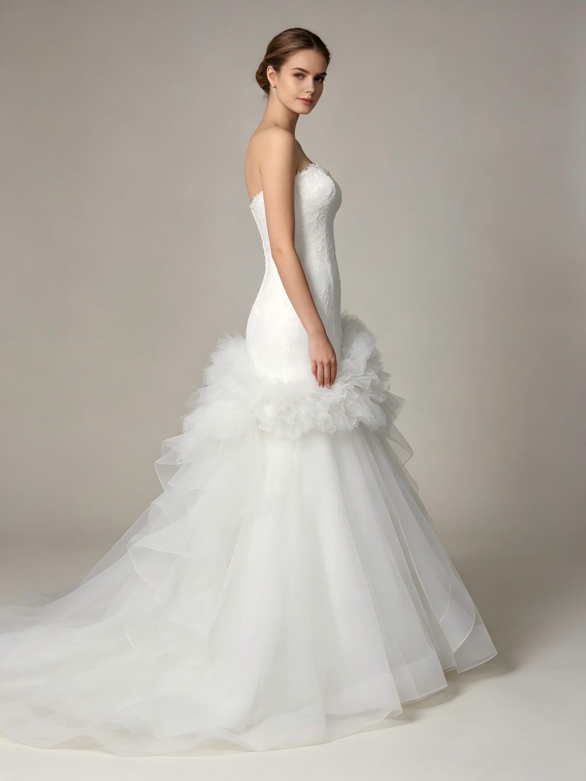 Strapless Sweetheart Mermaid Wedding Dress with Cascading Organza Ruffles | Ivory Bridal Gown with Cathedral Train
