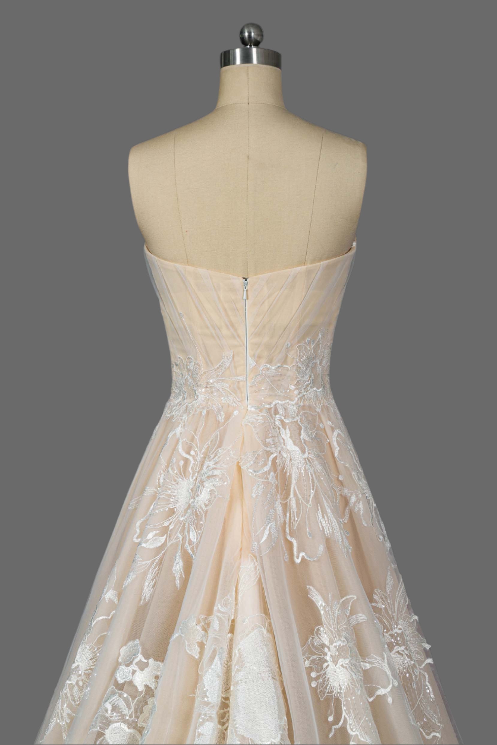 Stunning Champagne A-Line Wedding Dress with Floral Lace Appliqués - Sweetheart Neckline & Chapel Train
