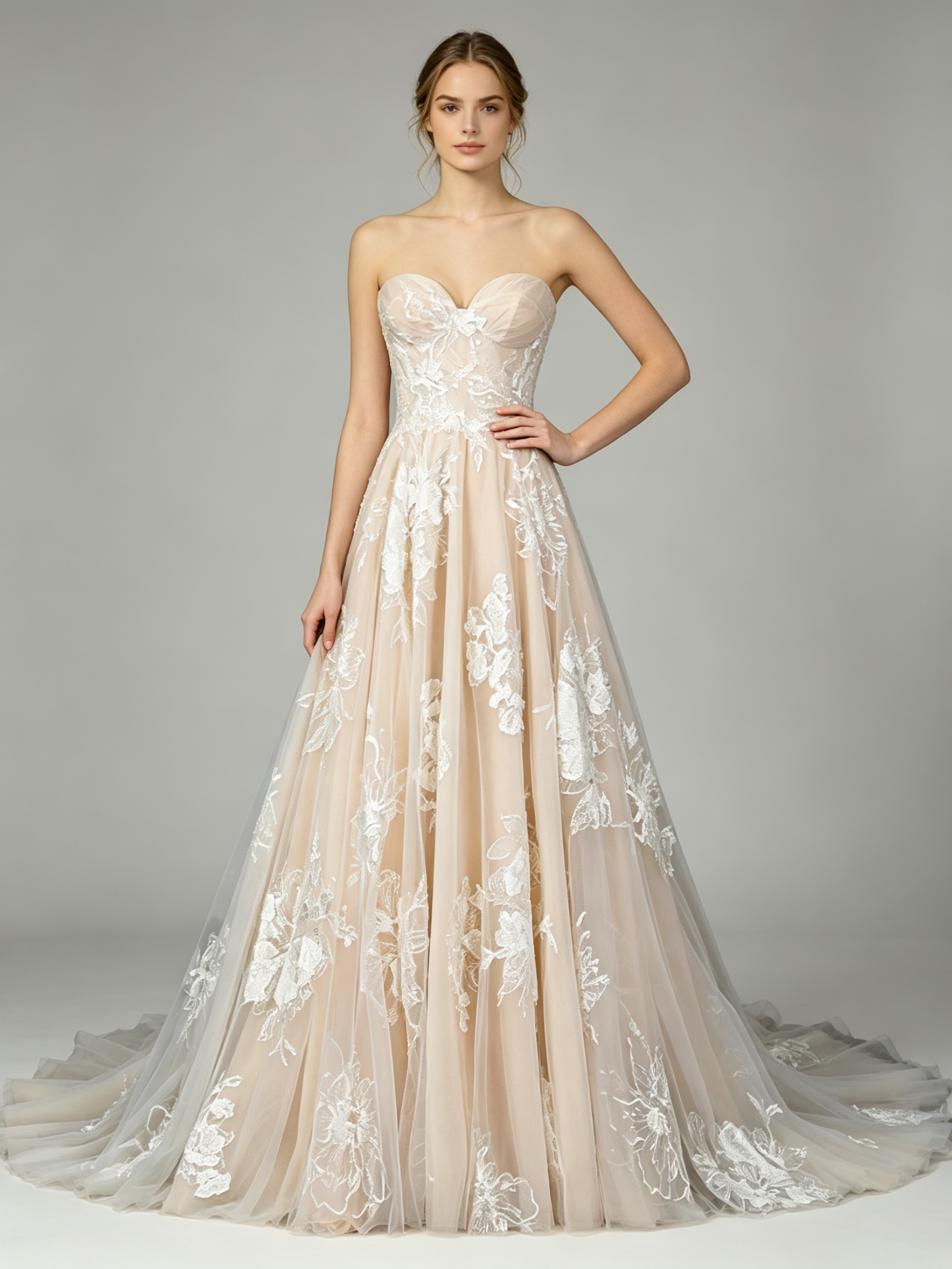 Stunning Champagne A-Line Wedding Dress with Floral Lace Appliqués - Sweetheart Neckline & Chapel Train