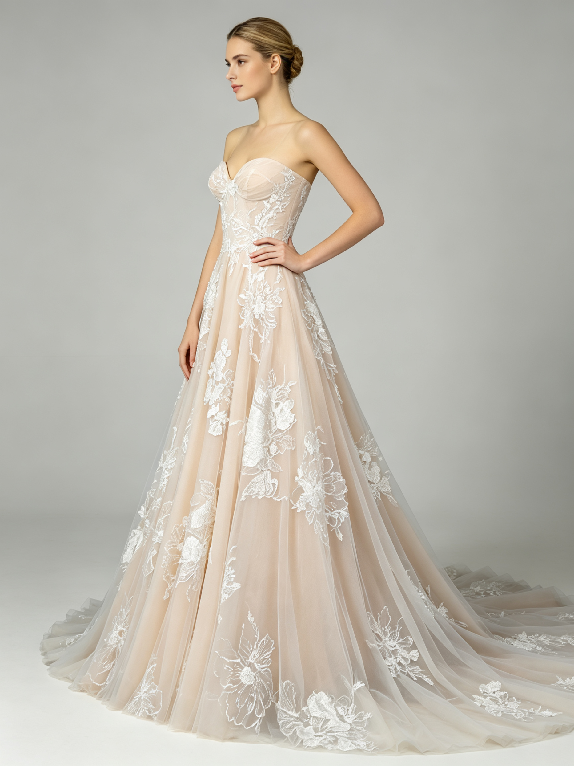 Stunning Champagne A-Line Wedding Dress with Floral Lace Appliqués - Sweetheart Neckline & Chapel Train