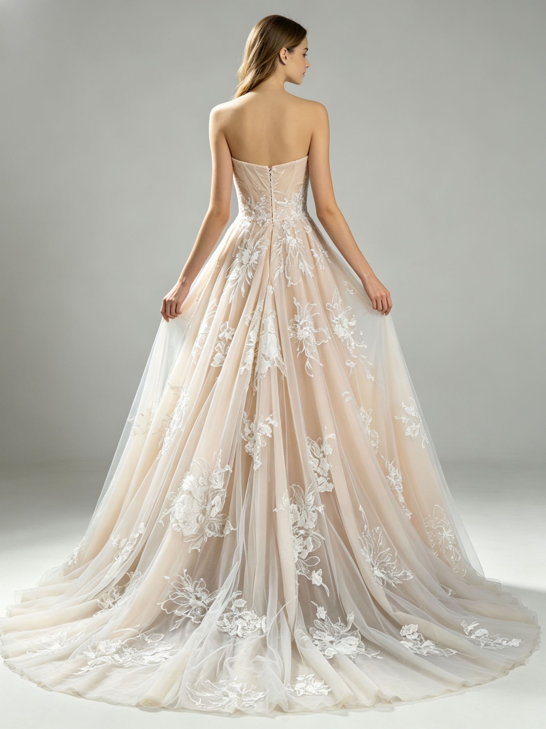 Stunning Champagne A-Line Wedding Dress with Floral Lace Appliqués - Sweetheart Neckline & Chapel Train