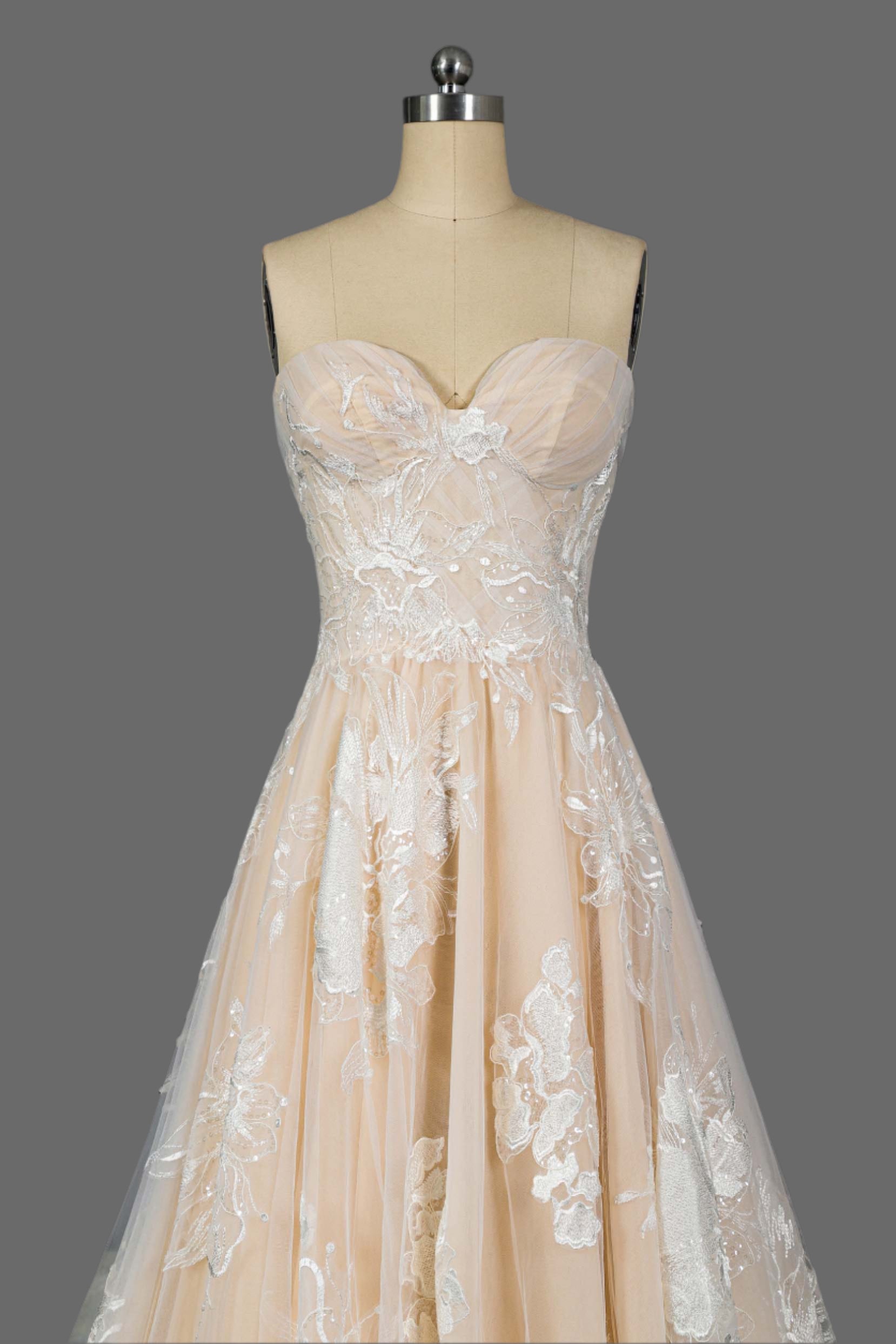 Stunning Champagne A-Line Wedding Dress with Floral Lace Appliqués - Sweetheart Neckline & Chapel Train