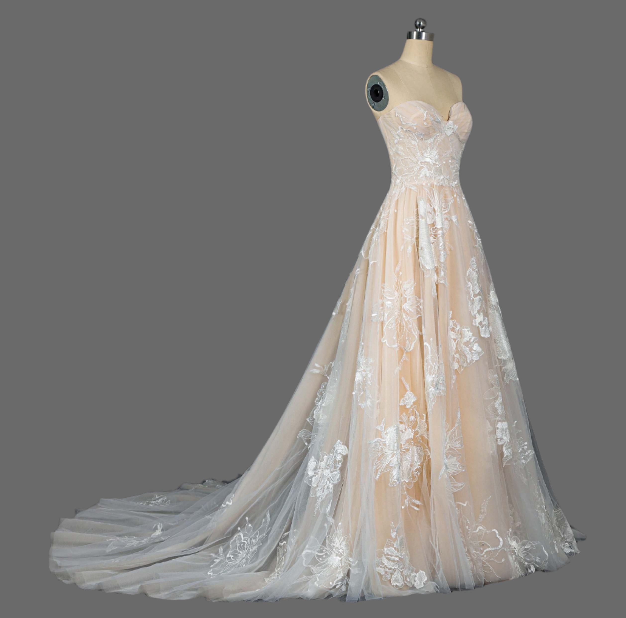 Stunning Champagne A-Line Wedding Dress with Floral Lace Appliqués - Sweetheart Neckline & Chapel Train