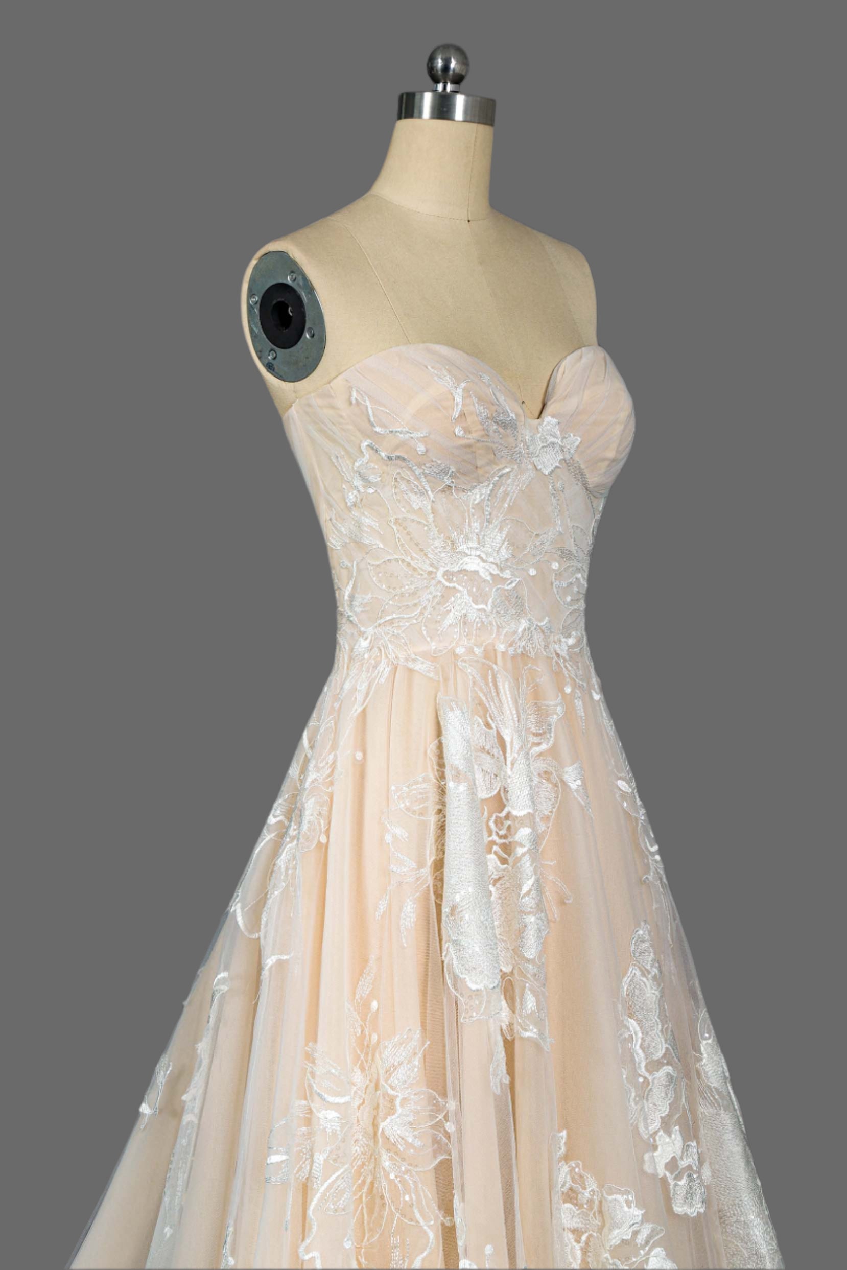 Stunning Champagne A-Line Wedding Dress with Floral Lace Appliqués - Sweetheart Neckline & Chapel Train