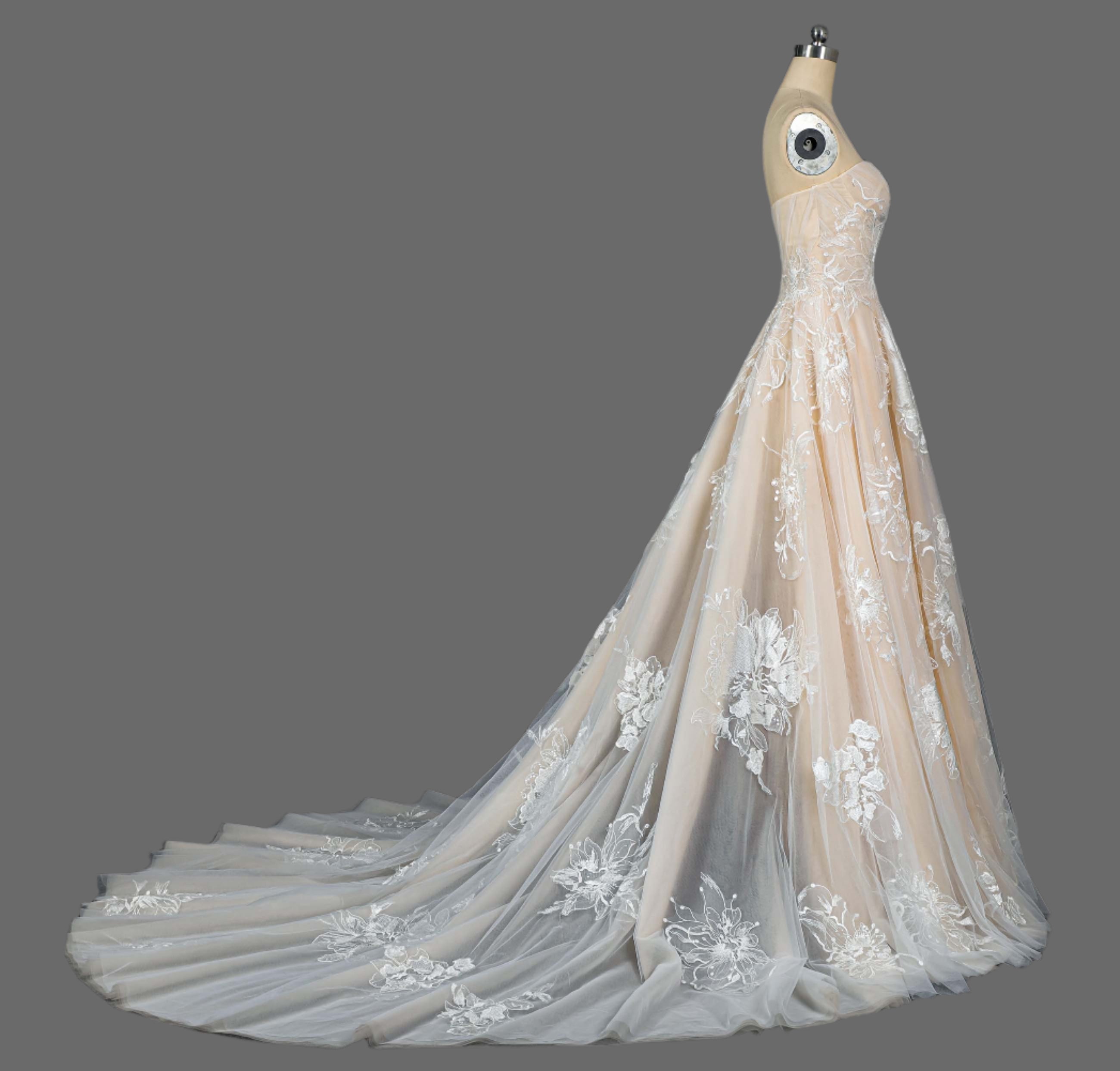 Stunning Champagne A-Line Wedding Dress with Floral Lace Appliqués - Sweetheart Neckline & Chapel Train