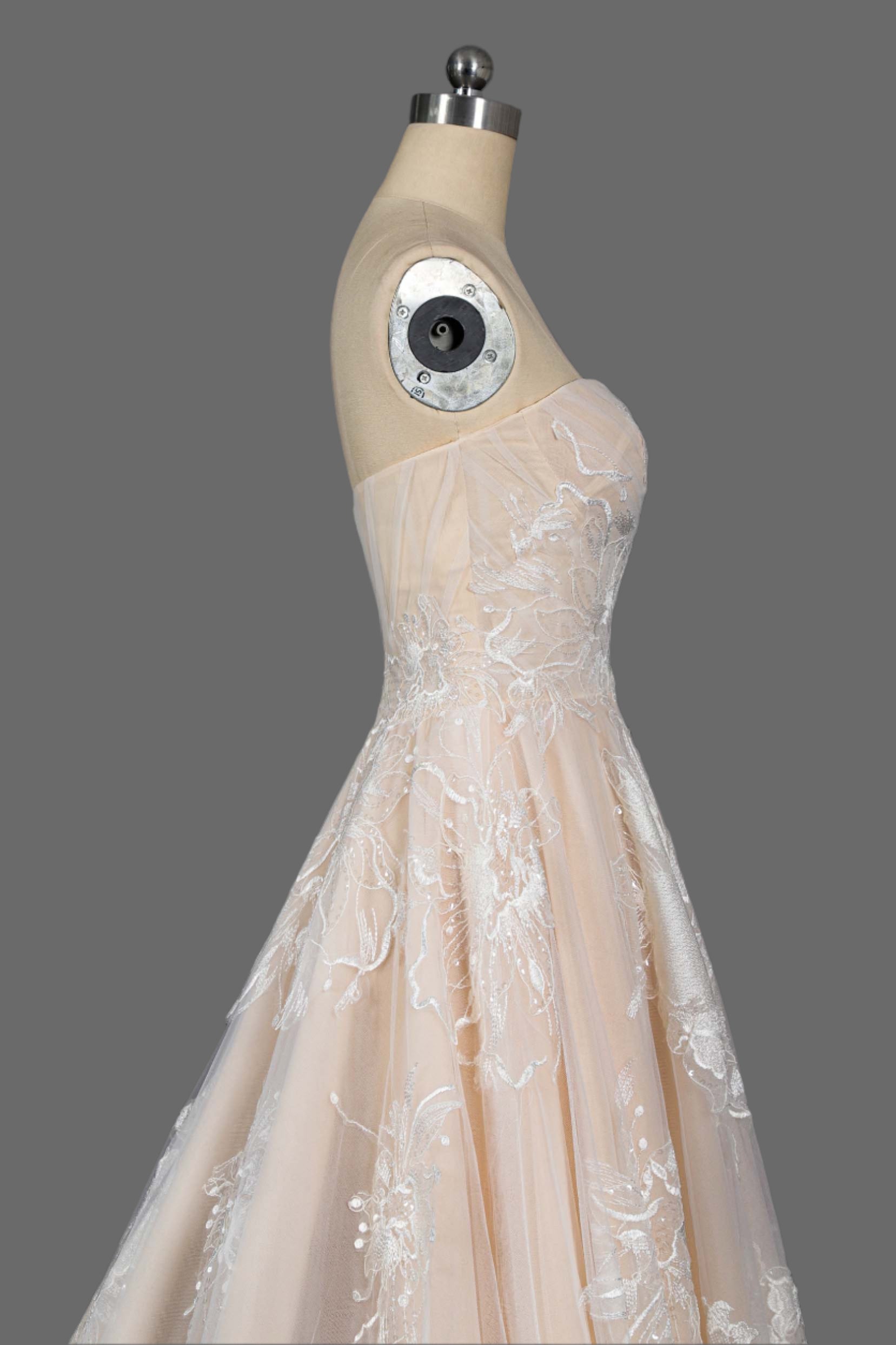 Stunning Champagne A-Line Wedding Dress with Floral Lace Appliqués - Sweetheart Neckline & Chapel Train