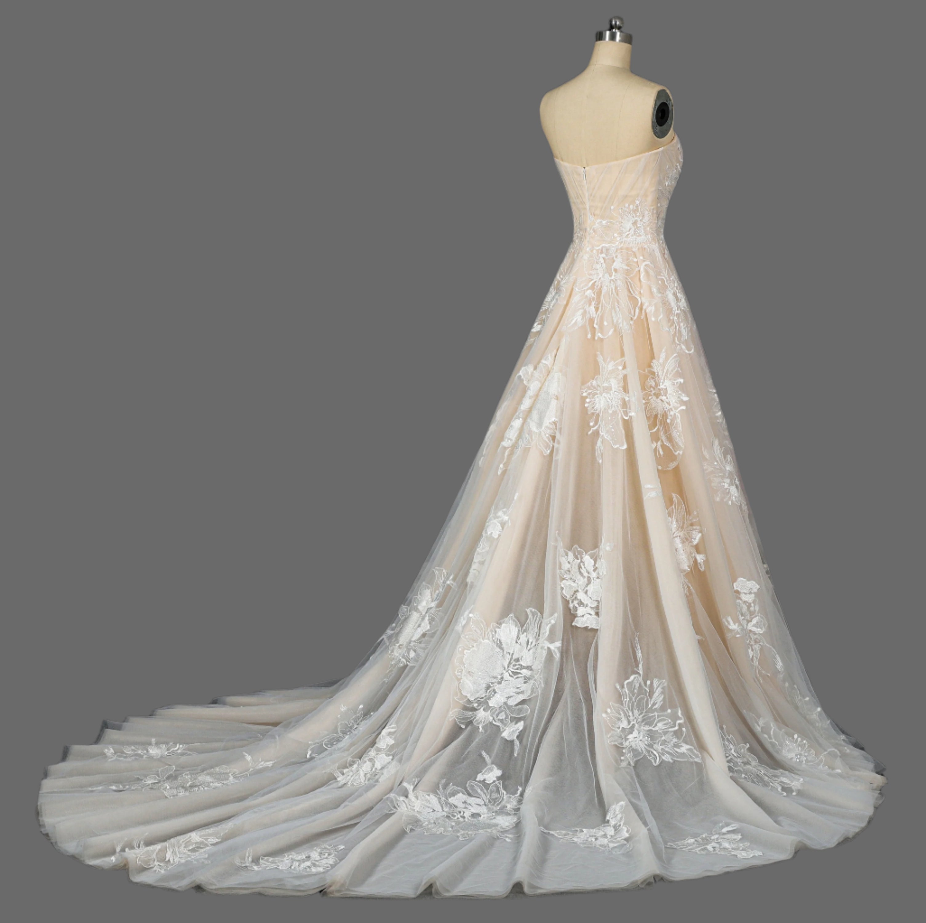 Stunning Champagne A-Line Wedding Dress with Floral Lace Appliqués - Sweetheart Neckline & Chapel Train