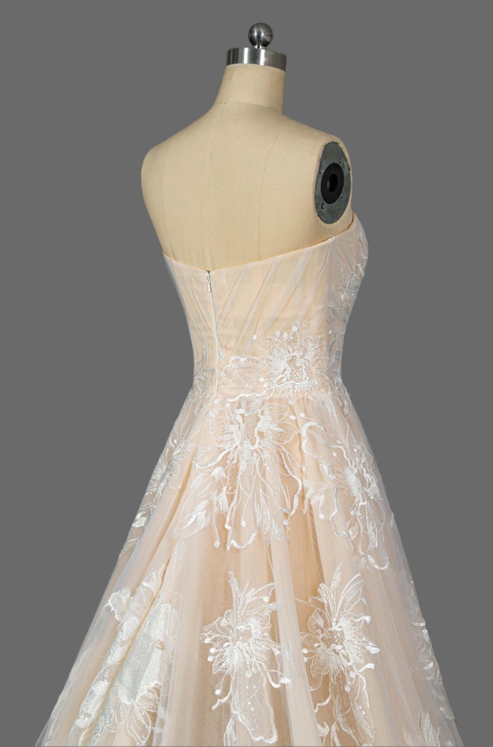 Stunning Champagne A-Line Wedding Dress with Floral Lace Appliqués - Sweetheart Neckline & Chapel Train