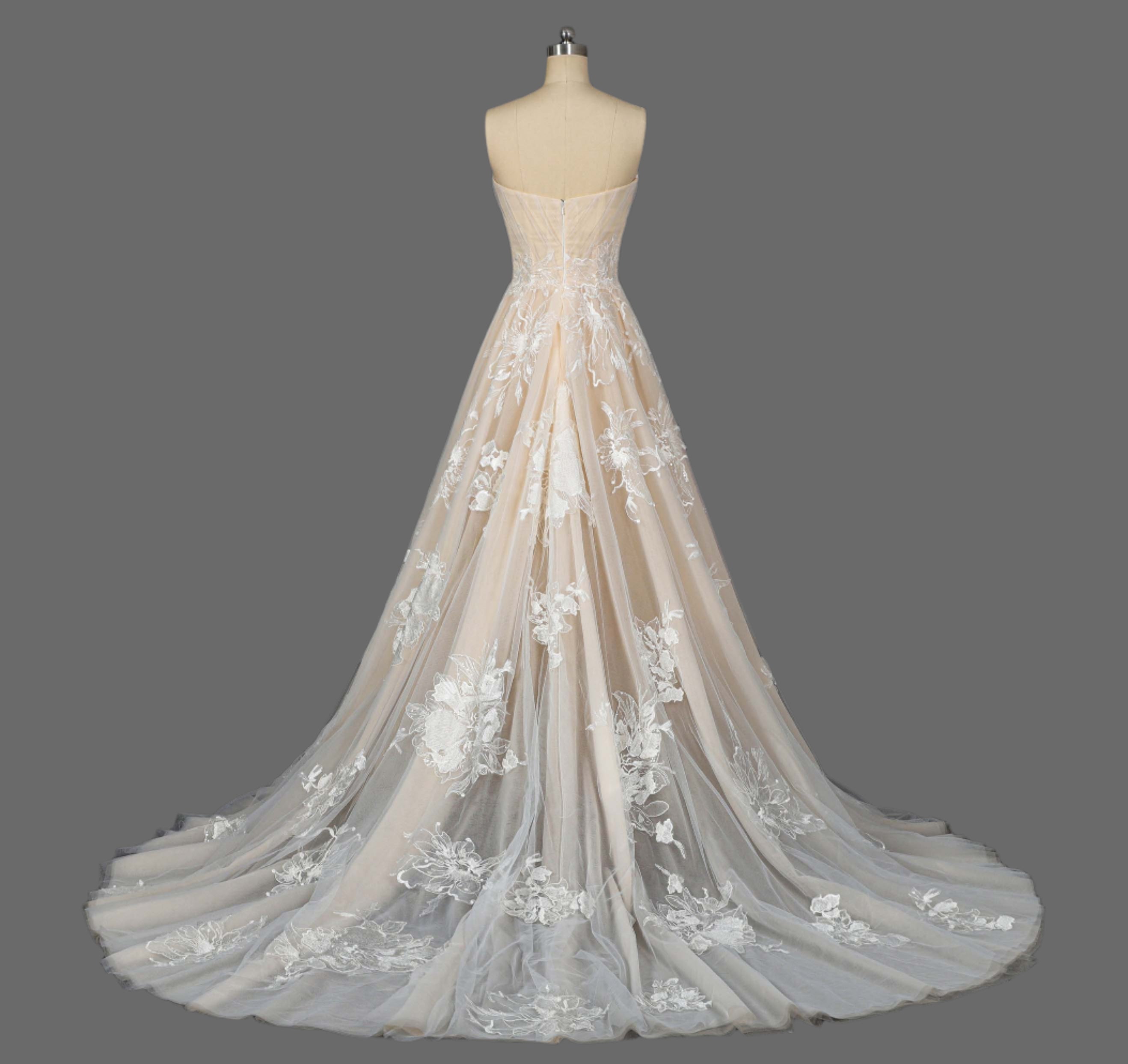 Stunning Champagne A-Line Wedding Dress with Floral Lace Appliqués - Sweetheart Neckline & Chapel Train