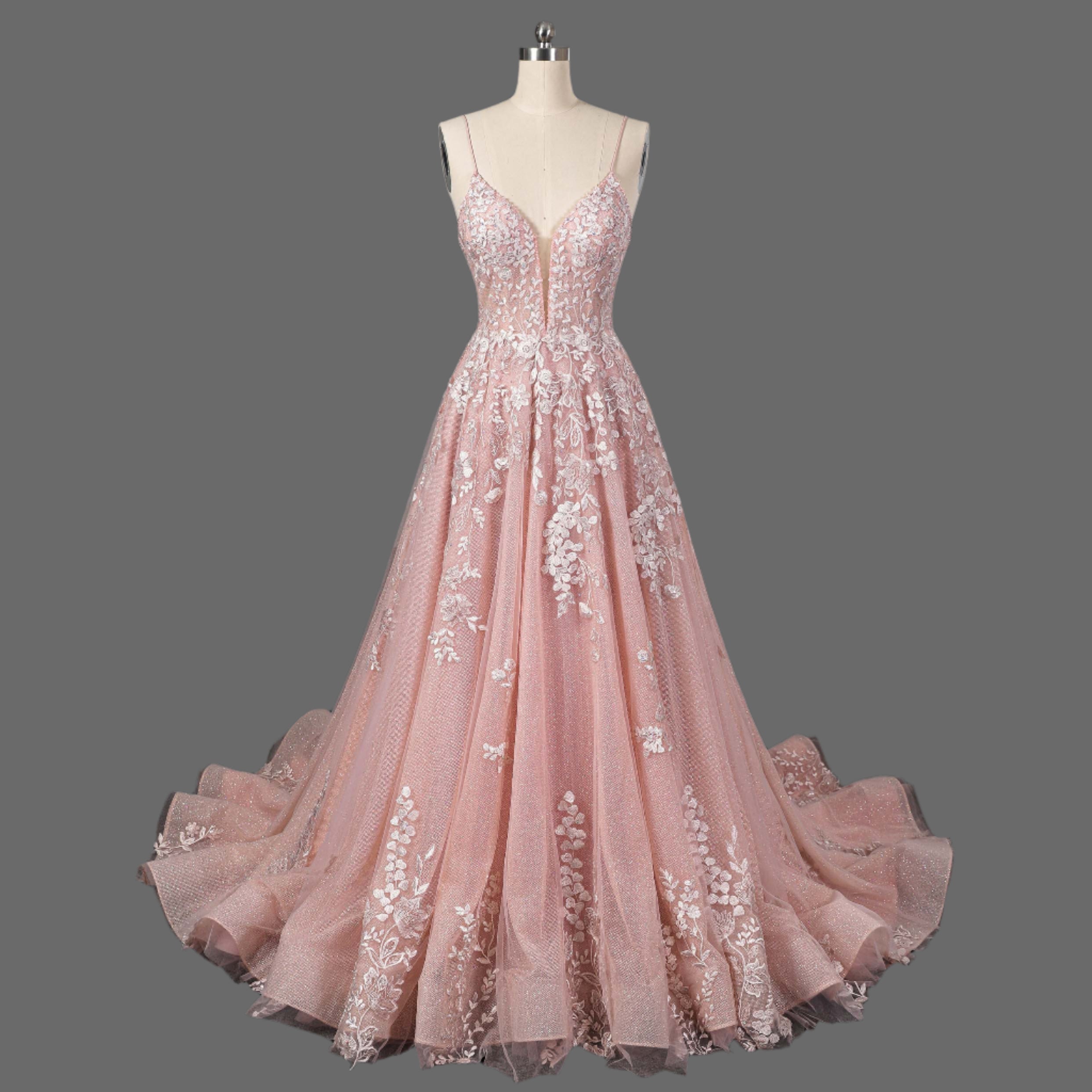 Sweep-Brush Train A-Line Spaghetti Strap Lace Wedding Dress OWD-037