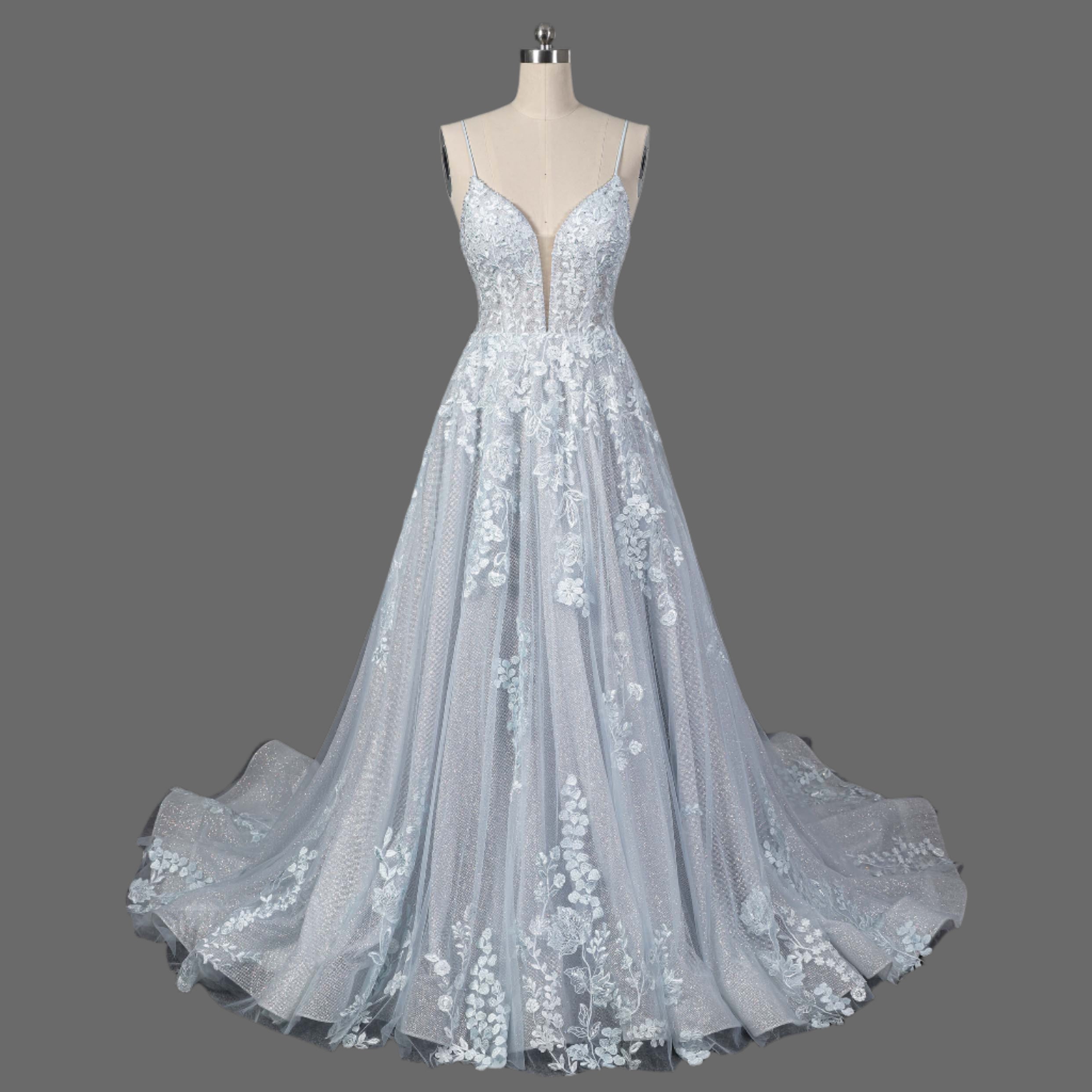 Sweep-Brush Train A-Line Spaghetti Strap Lace Wedding Dress OWD-038