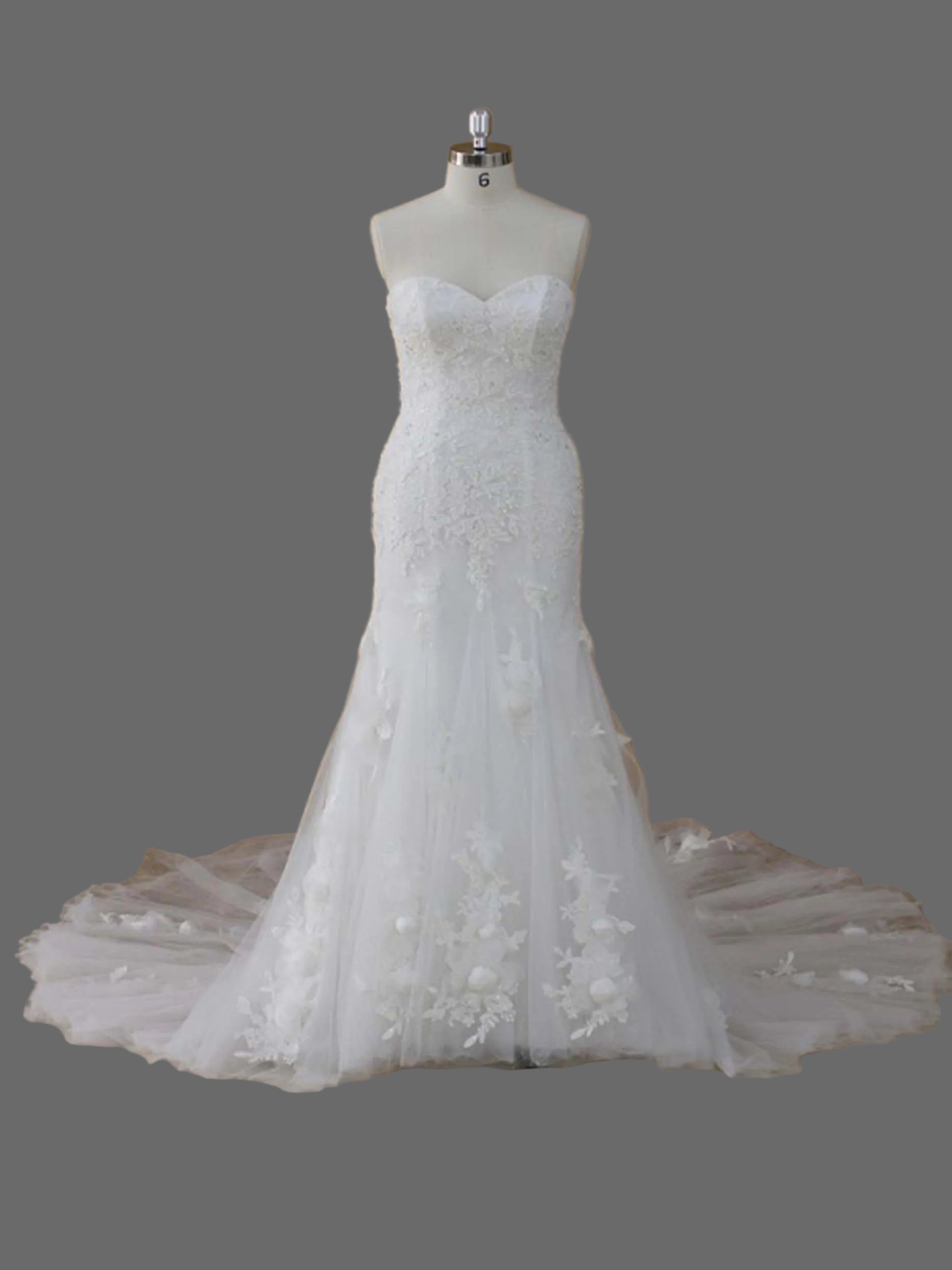 Sweetheart Mermaid Wedding Dress with 3D Floral Appliqués & Tulle Cathedral Train