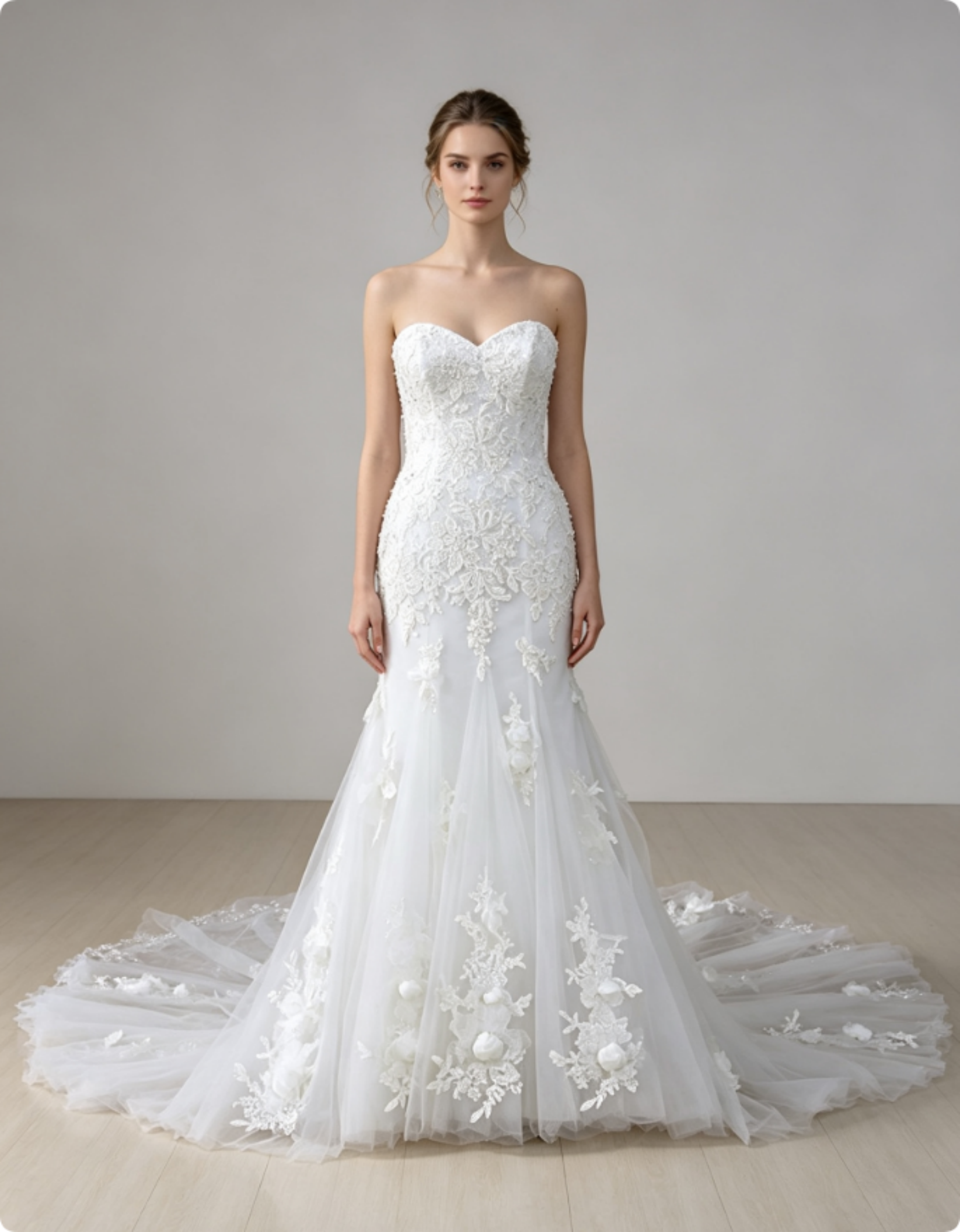 Sweetheart Mermaid Wedding Dress with 3D Floral Appliqués & Tulle Cathedral Train