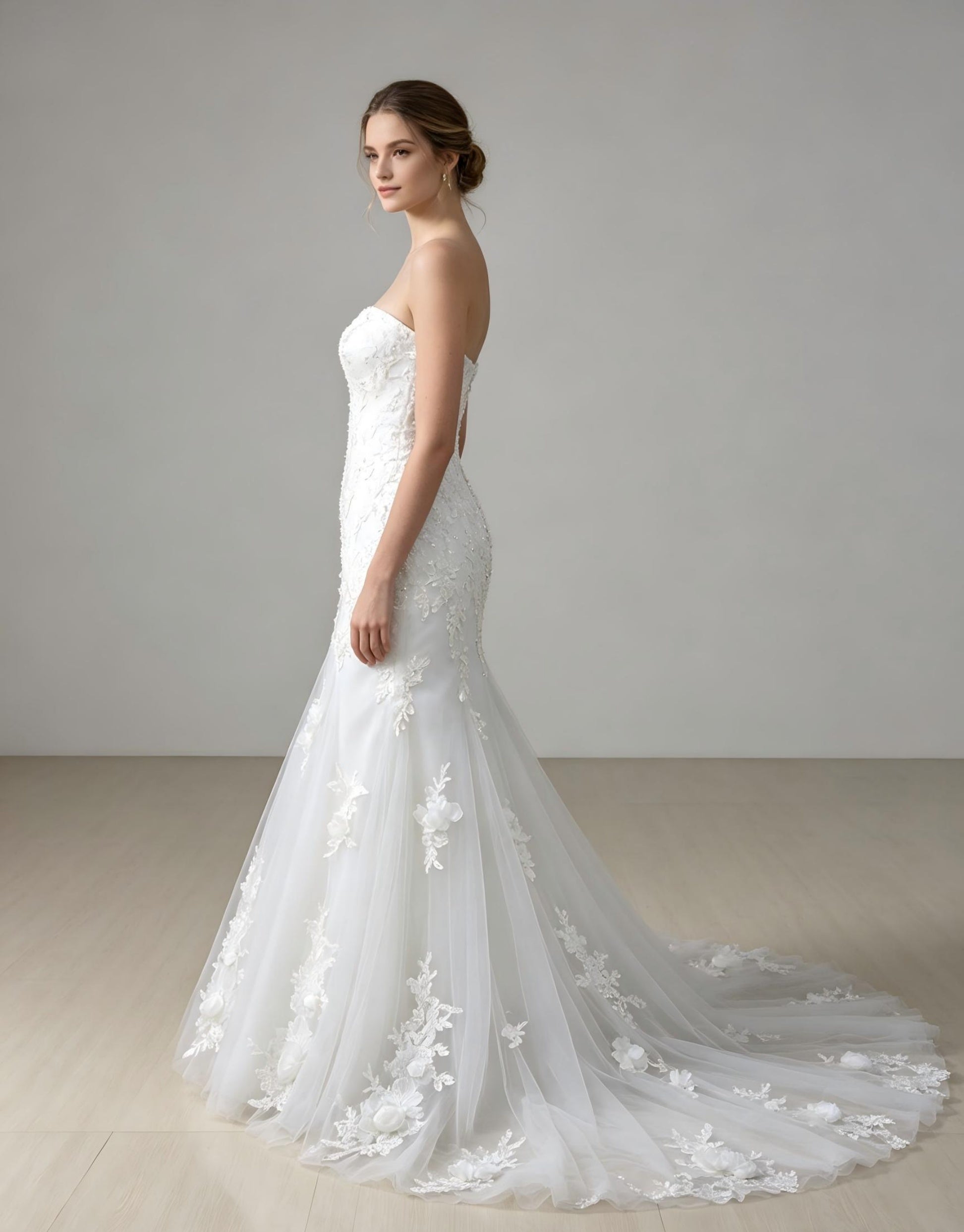 Sweetheart Mermaid Wedding Dress with 3D Floral Appliqués & Tulle Cathedral Train