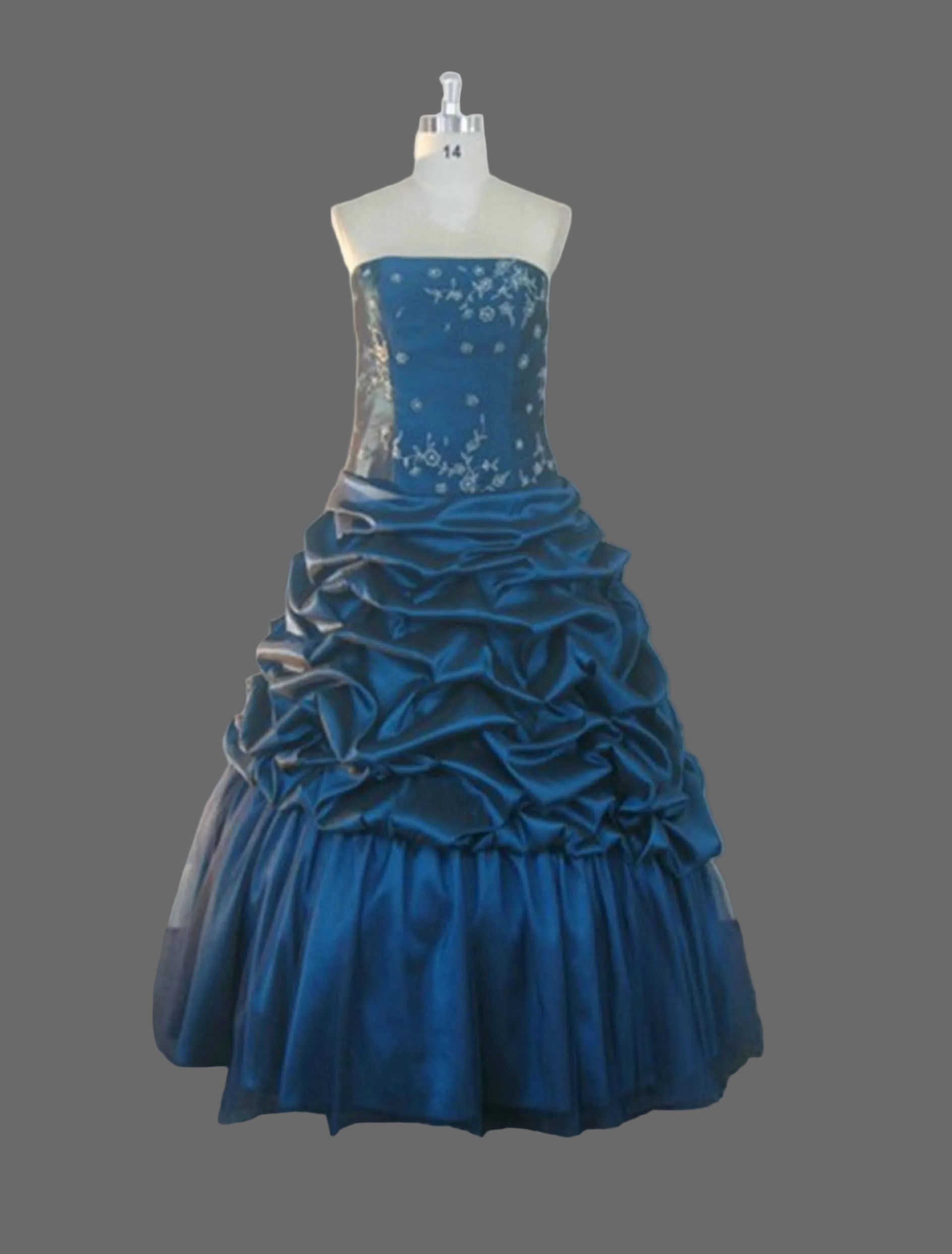 Teal Blue Taffeta Ball Gown Strapless Floral Embroidered Bodice Pick-Up Bubble Skirt Tulle Wedding Dress Quinceanera Prom Gown