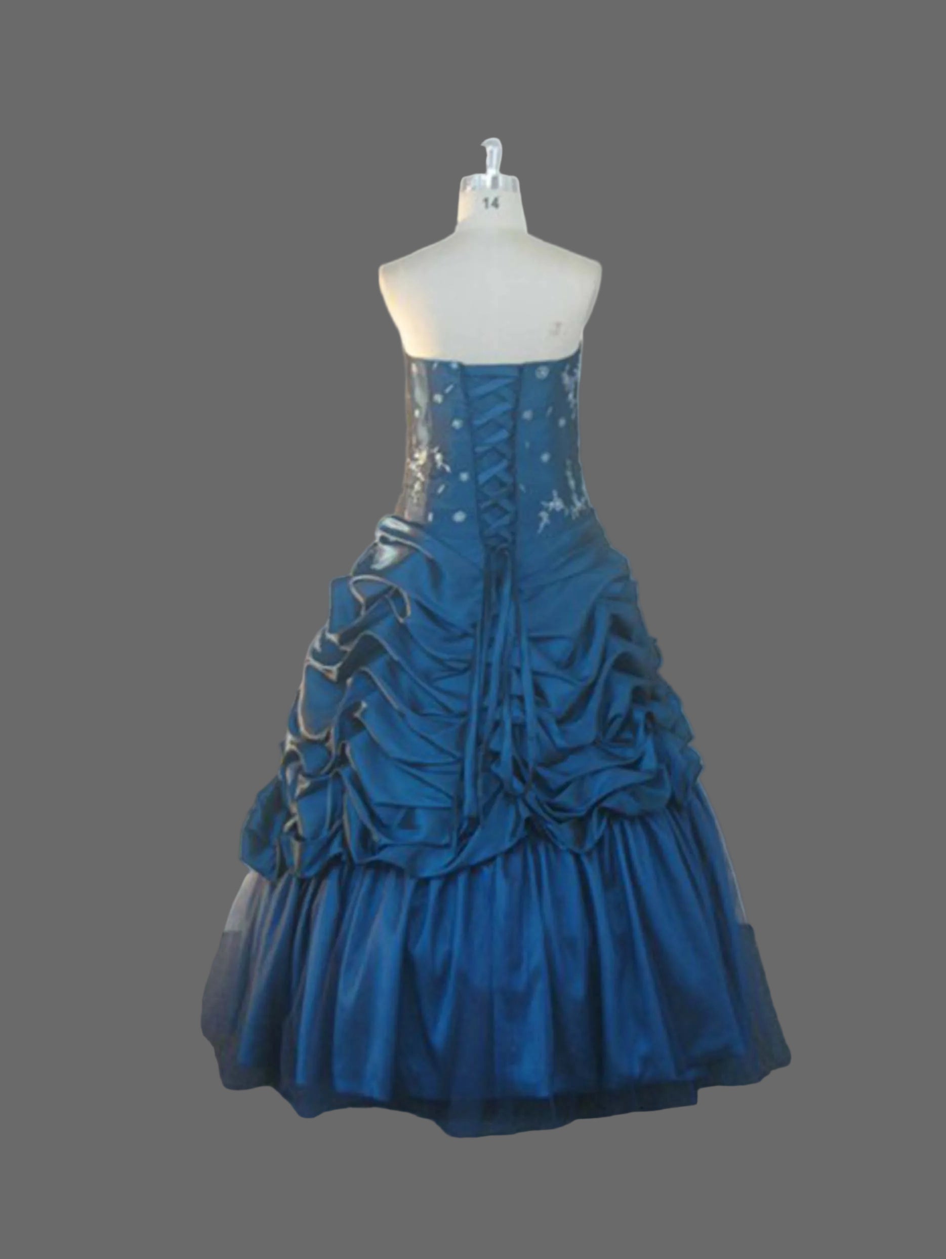 Teal Blue Taffeta Ball Gown Strapless Floral Embroidered Bodice Pick-Up Bubble Skirt Tulle Wedding Dress Quinceanera Prom Gown