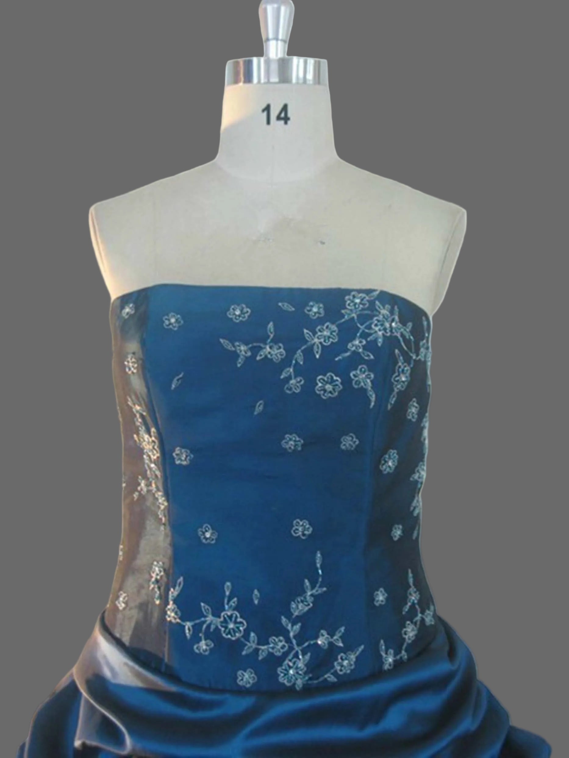 Teal Blue Taffeta Ball Gown Strapless Floral Embroidered Bodice Pick-Up Bubble Skirt Tulle Wedding Dress Quinceanera Prom Gown