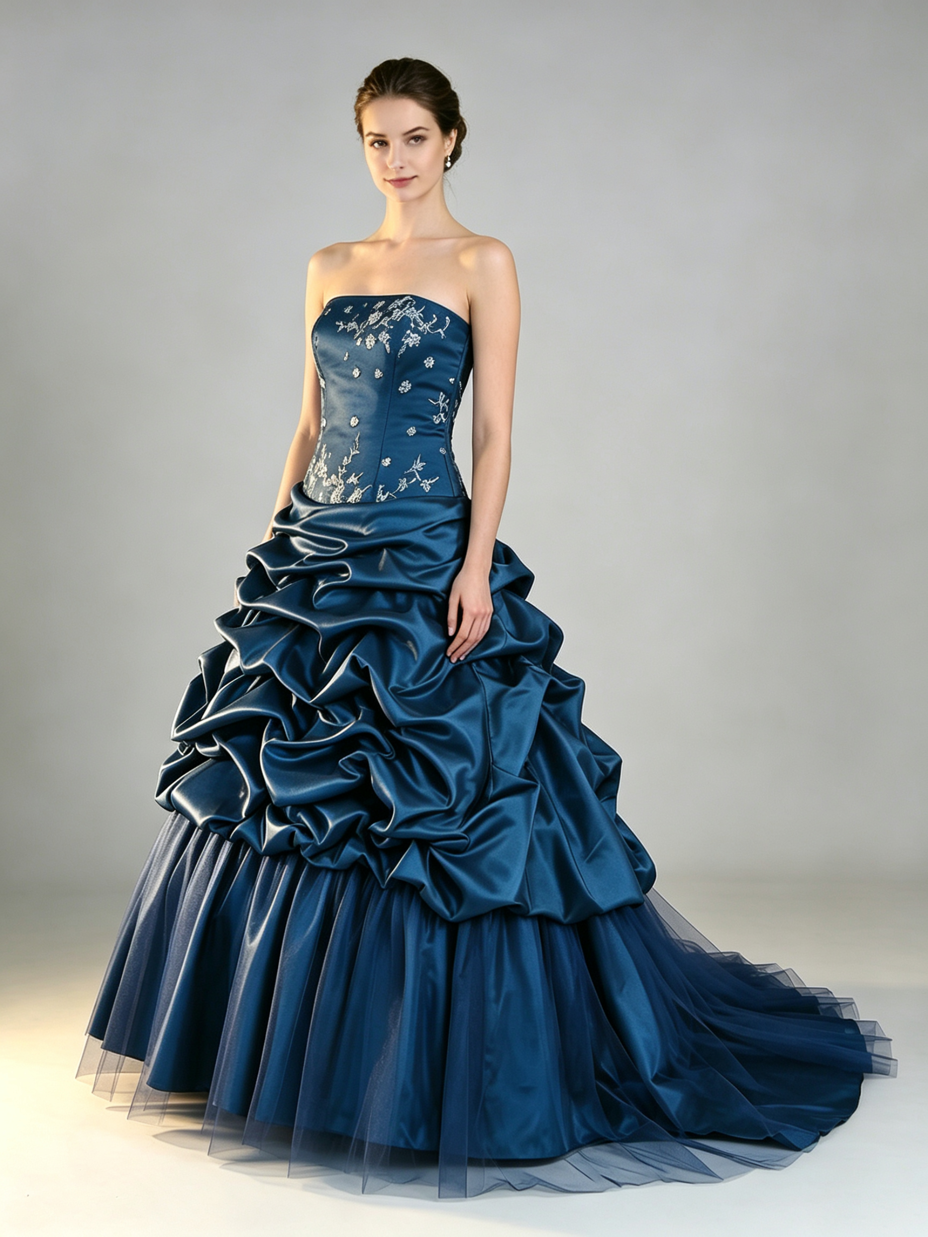Teal Blue Taffeta Ball Gown Strapless Floral Embroidered Bodice Pick-Up Bubble Skirt Tulle Wedding Dress Quinceanera Prom Gown
