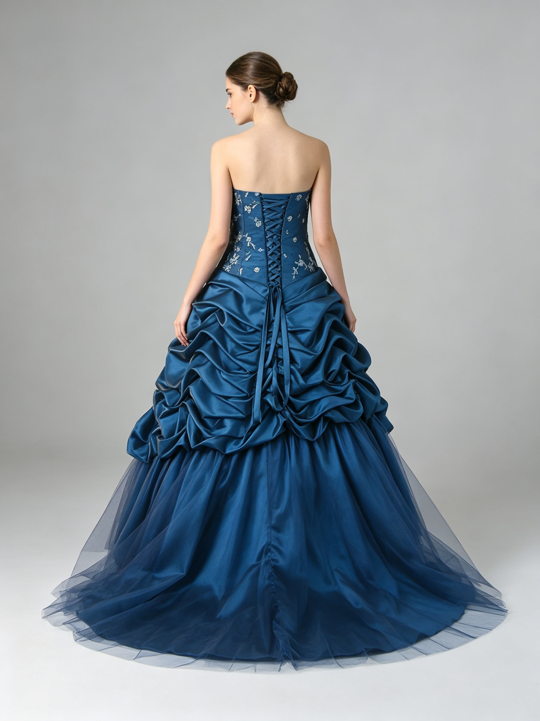 Teal Blue Taffeta Ball Gown Strapless Floral Embroidered Bodice Pick-Up Bubble Skirt Tulle Wedding Dress Quinceanera Prom Gown