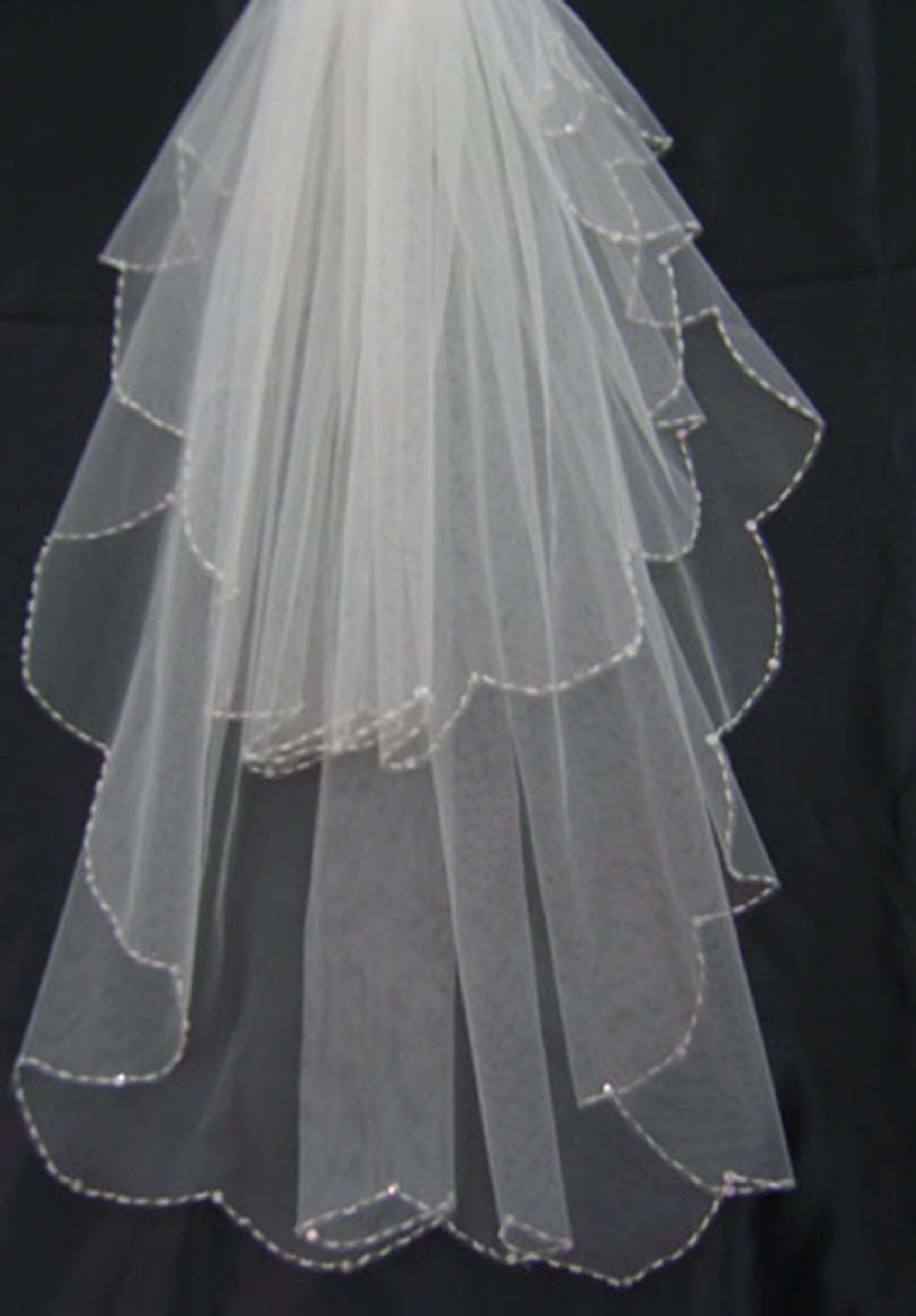 Three-Tier Crystal Beaded Edge Bridal Veil with Scalloped Hem
