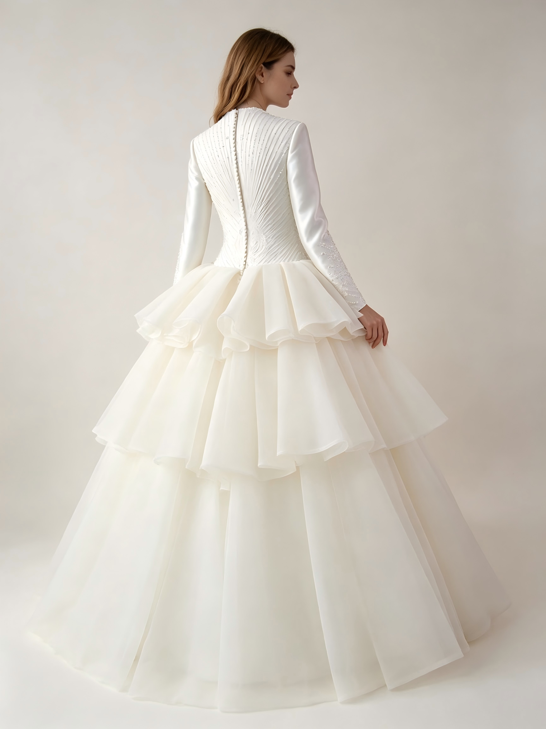Tiered Organza Wedding Dress with Long Sleeves & Beaded Bodice - Luxury Bridal Gown