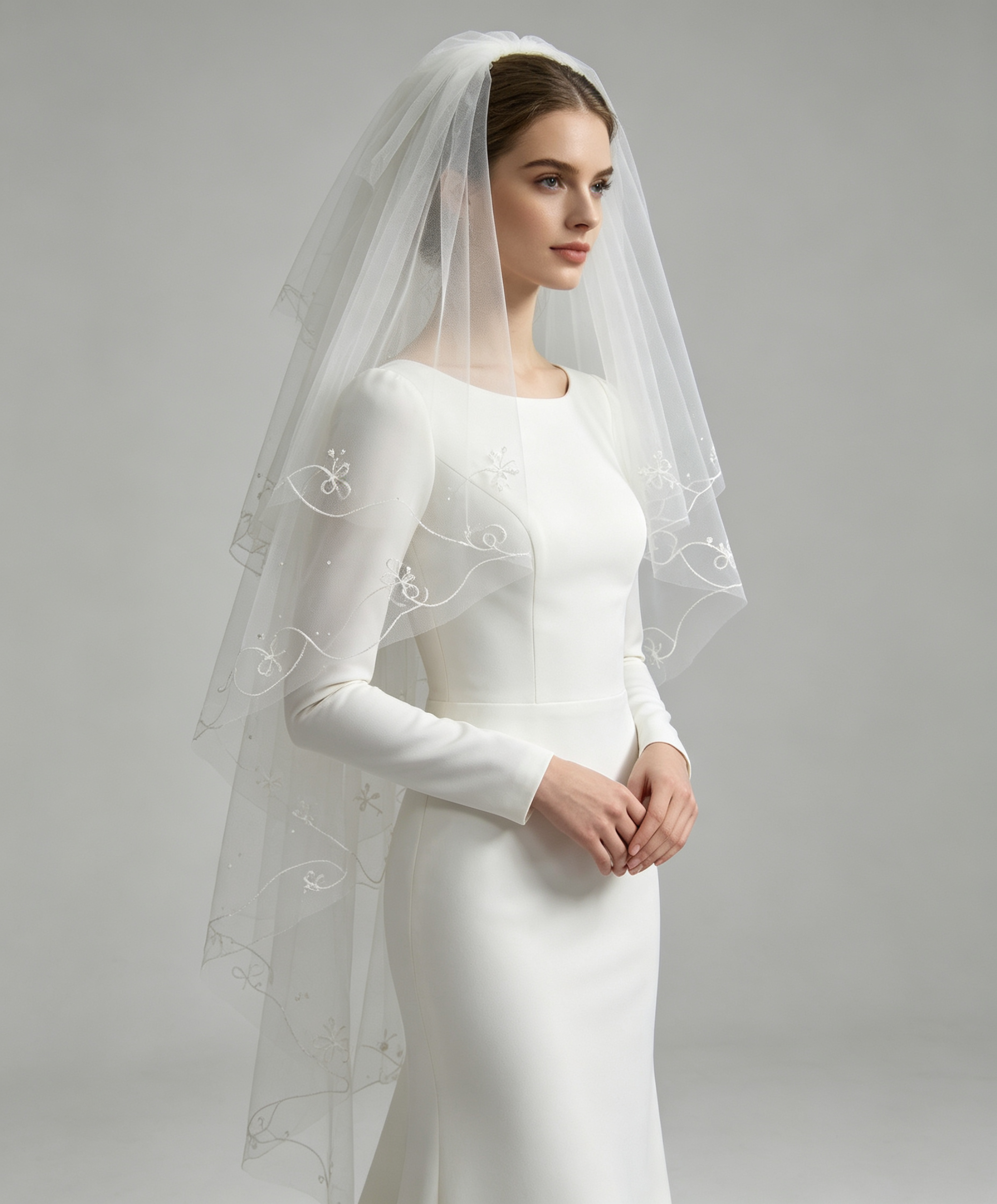 Four-Tier Bridal Veil with Scrollwork Embroidery & Beaded Edge
