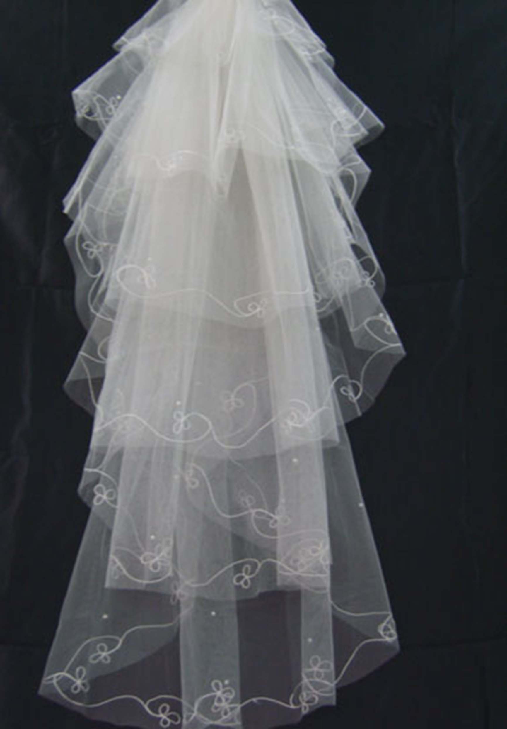Four-Tier Bridal Veil with Scrollwork Embroidery & Beaded Edge